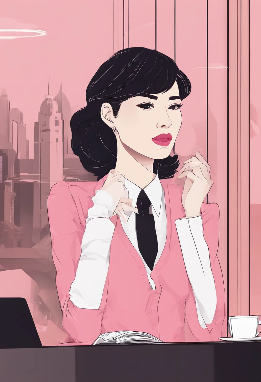 Hotel reception、Front counter 、 Pink Button Shirt、Lady at the front desk、(top-quality)、(hightquality)、frontage、a picture、A detailed face、detailed lips、A detailed eye、Black jacket 、 One person