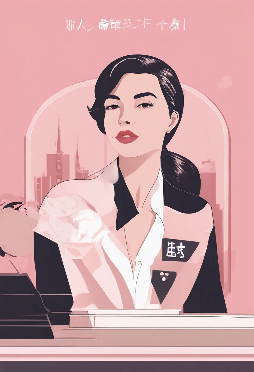 Hotel reception、Front counter　、　Pink Button Shirt、Lady at the front desk、(top-quality)、(hightquality)、frontage、a picture、A detailed face、detailed lips、A detailed eye、Black jacket　、　One person