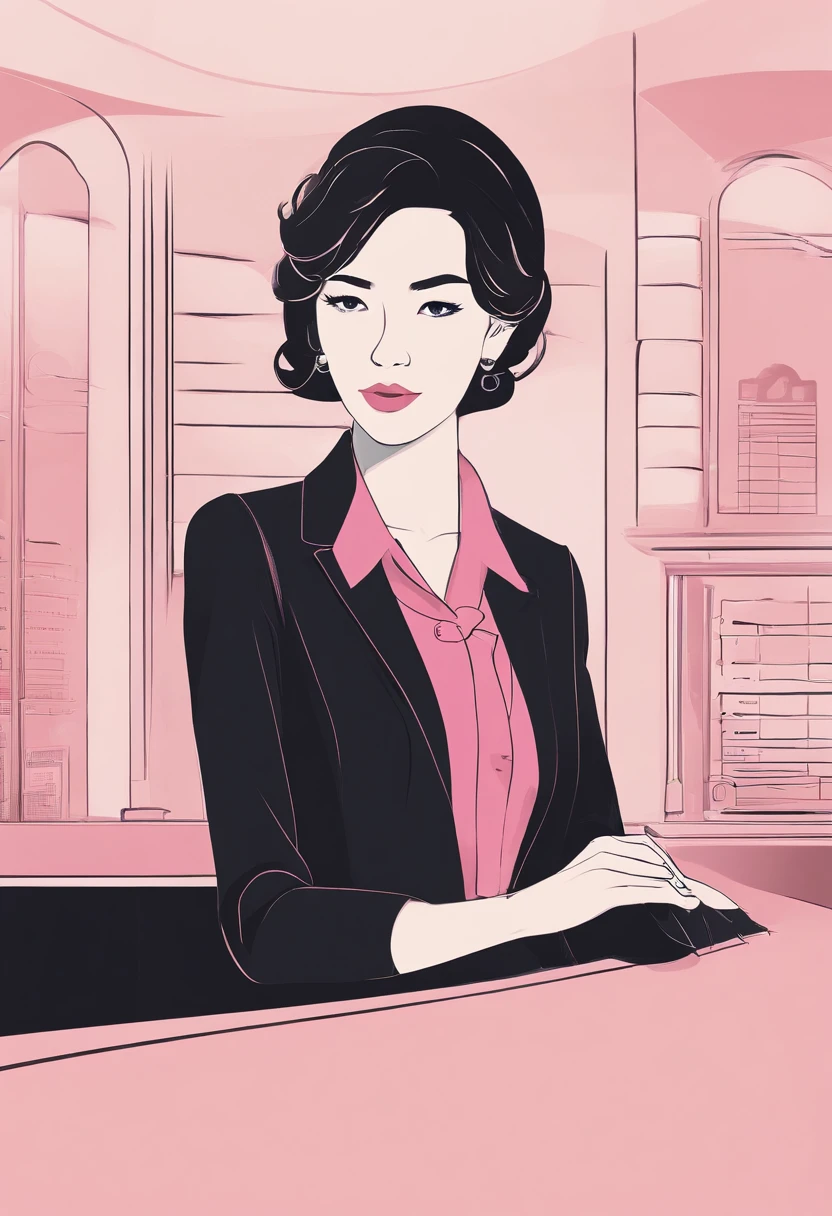 Hotel reception、Front counter 、 Pink Button Shirt、Lady at the front desk、(top-quality)、(hightquality)、frontage、a picture、A detailed face、detailed lips、A detailed eye、Black jacket 、 One person