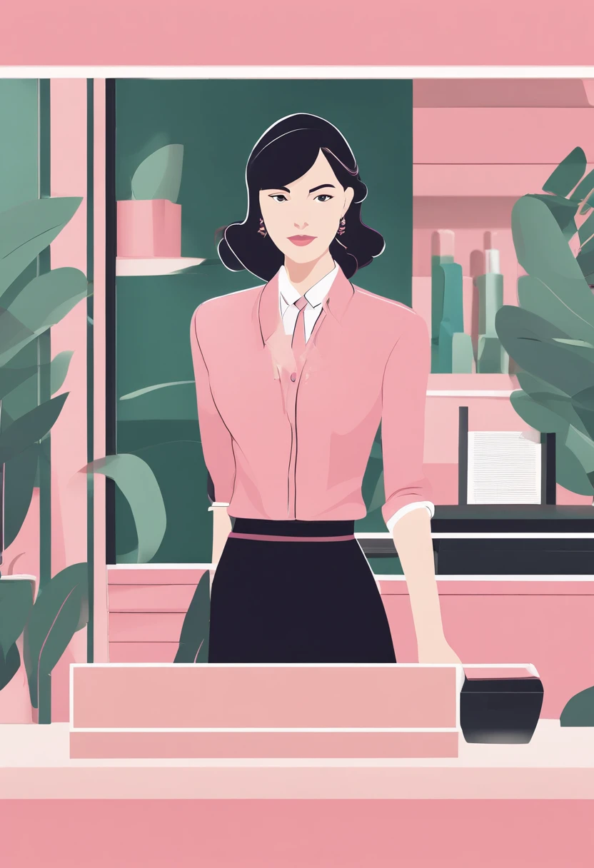 Hotel reception、Front counter 、 Pink Button Shirt、Lady at the front desk、(top-quality)、(hightquality)、frontage、a picture、A detailed face、detailed lips、A detailed eye、Black jacket 、 One person