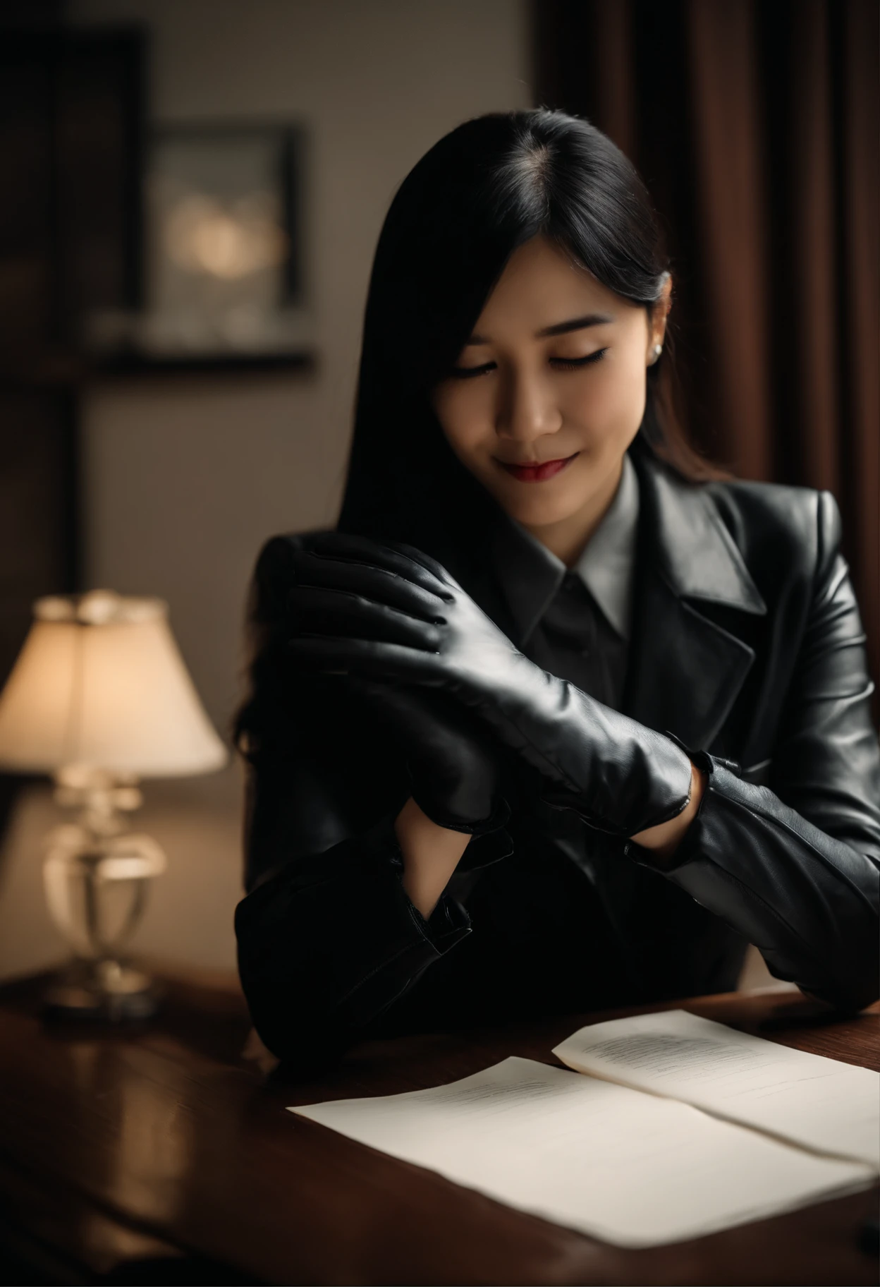 Wearing black leather gloves on both hands The upper part of the body Black Business Suit Towards the desk in the study in the dark、Look down and smile、Write a letter with a fountain pen long straight black hair Young japanese lady(Black leather gloves cover both hands)