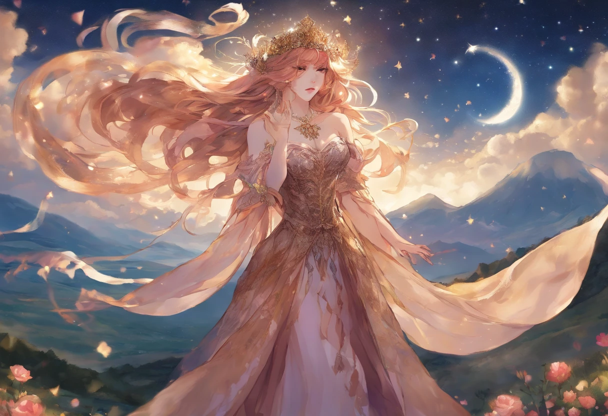 landscape, A queen in a dress made of a veil of starry night、Dragging her extraordinarily long hem、Crossing the Earth Below. While she walks, Starry night falls on her path. Starry Night Fantasy. Perfect beautiful face, Perfect hands, Fantasy Art, landscape,
