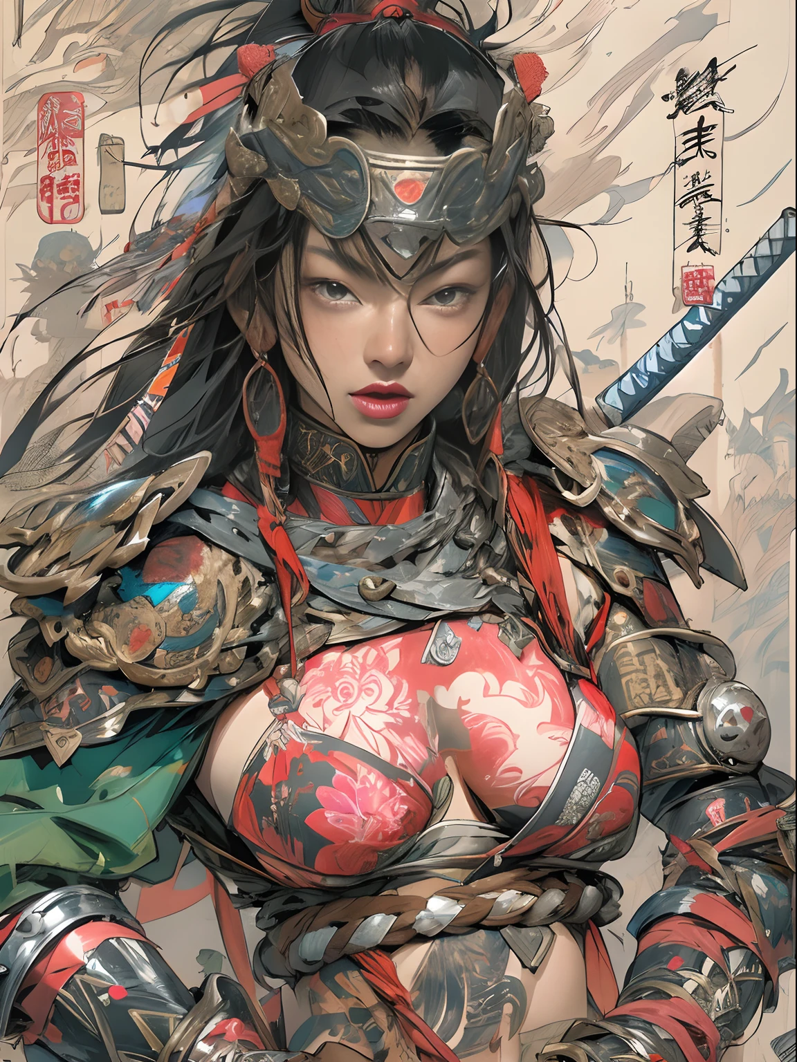 (((woman))), (((best qualityer))), (((tmasterpiece))), (((AS-Adult))), ((( Japanese ))), Look up from your knees, A beautiful asian samurai woman with perfect body, Modern samurai, ((( Asian))), Wear gloves on your hands,The left arm is made of steel and metal tips,Made of protective devices, The eyes are pulled, (( Appears below the breast )), (( Small dental floss )), Simon Bisley, Almost naked(Simon Bisley)Castle City Wilderness,For high-resolution posters, hair straight, Minimum clothing, armure (Crazy clothes ), Full of tips and rivets, tribal tattoos, (((full bodyesbian))), Straight brunette hair,Colored hair ends
