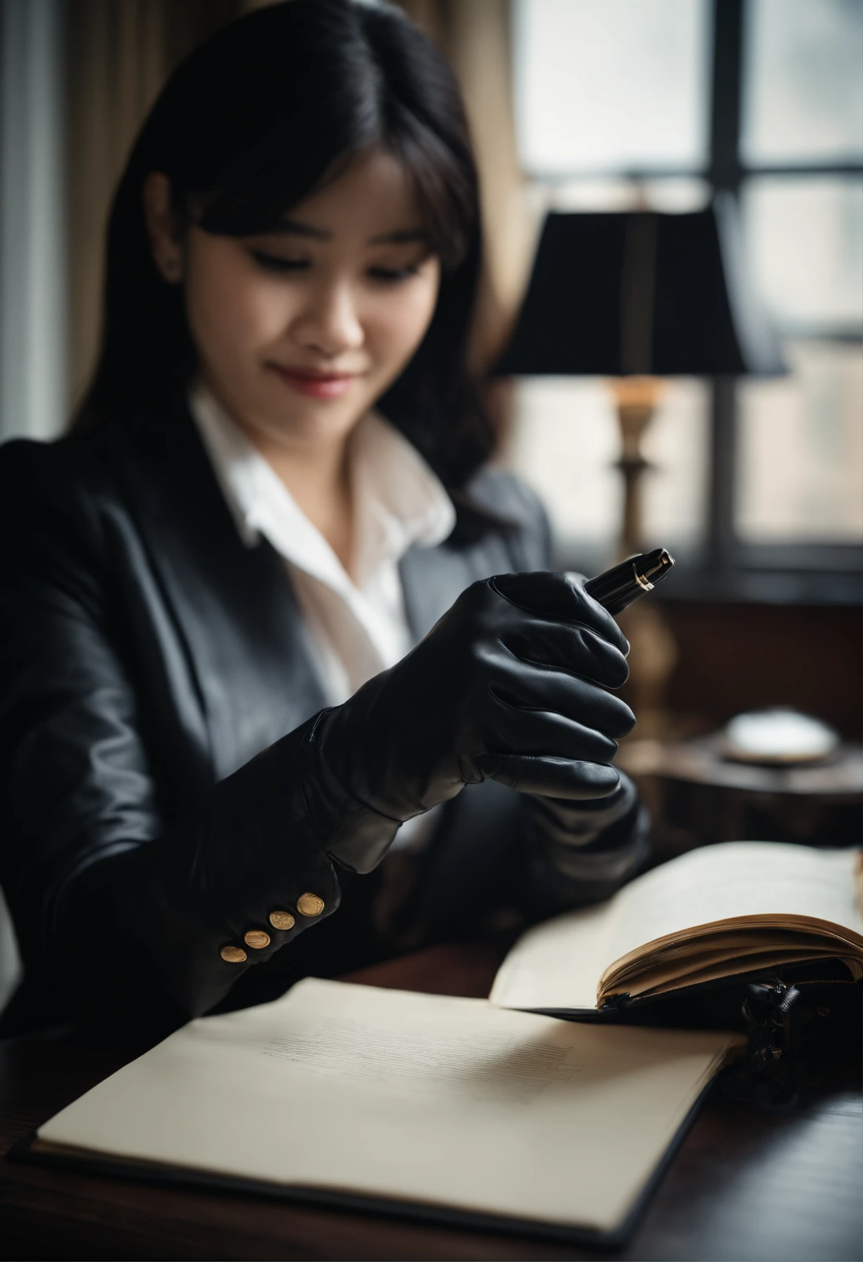 Wearing black leather gloves on both hands The upper part of the body Black Business Suit Towards the desk in the study in the dark、Look down and smile、Write a letter with a fountain pen long straight black hair Young japanese lady(Black leather gloves cover both hands)