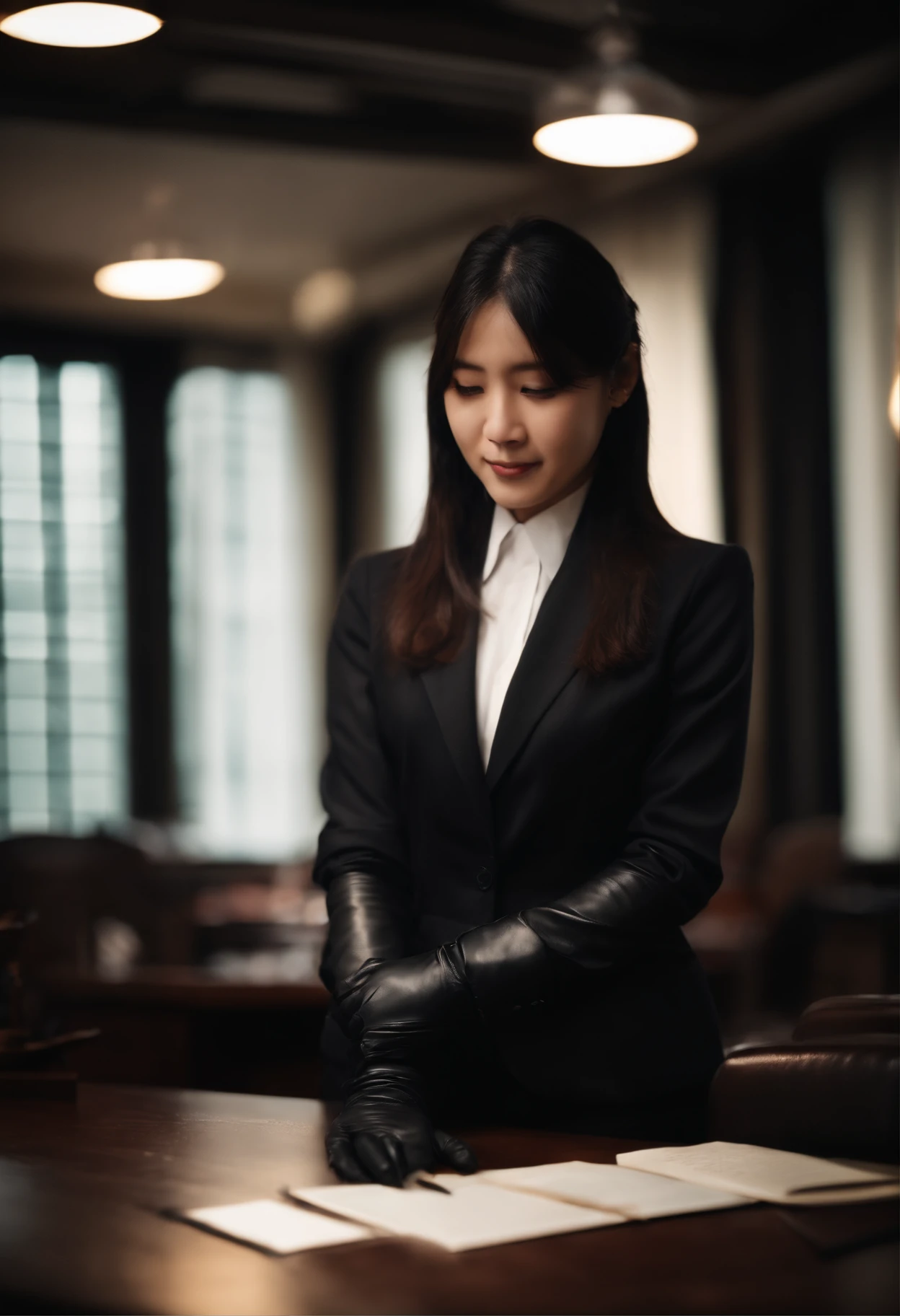Wearing black leather gloves on both hands The upper part of the body Black Business Suit Towards the desk in the study in the dark、Look down and smile、Write a letter with a fountain pen long straight black hair Young japanese lady(Black leather gloves cover both hands)