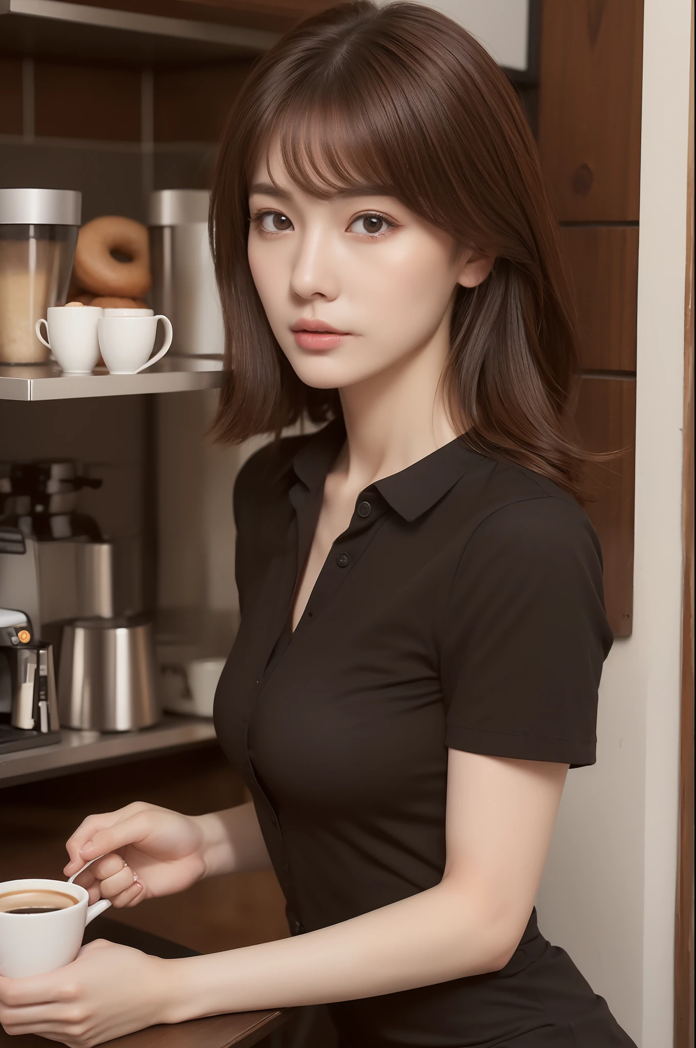 ((Morning, Best quality, 8k)), Half body, A pretty woman with perfect figure, Slender abs, ((Dark tied brown hair, Medium breasts)), ( Working shirt, Short skirts, Sitting with coffee and donut), ((Coffee shop)), Highly detailed face and skin texture, Detailed eyes