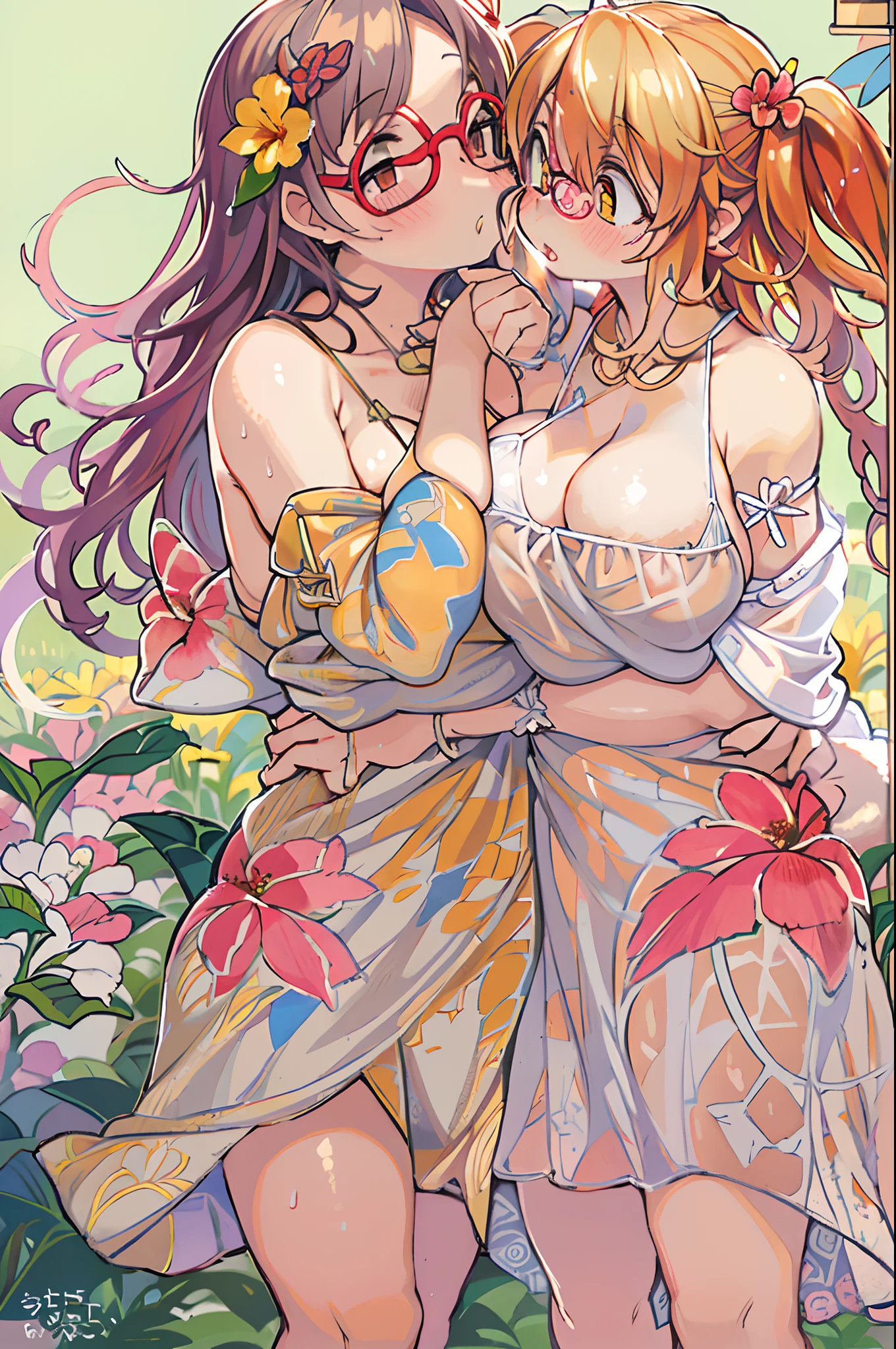 Two-dimensional girl、((Summer light))、Steppe on a summer day、((From the top))、The Sun Directly Above、huge-breasted、big round glasses、bbw,Large Thigh、Two girls、embracing each other、Deep kissing、the kiss、lesbian、red blush、Okinawa、hibiscus