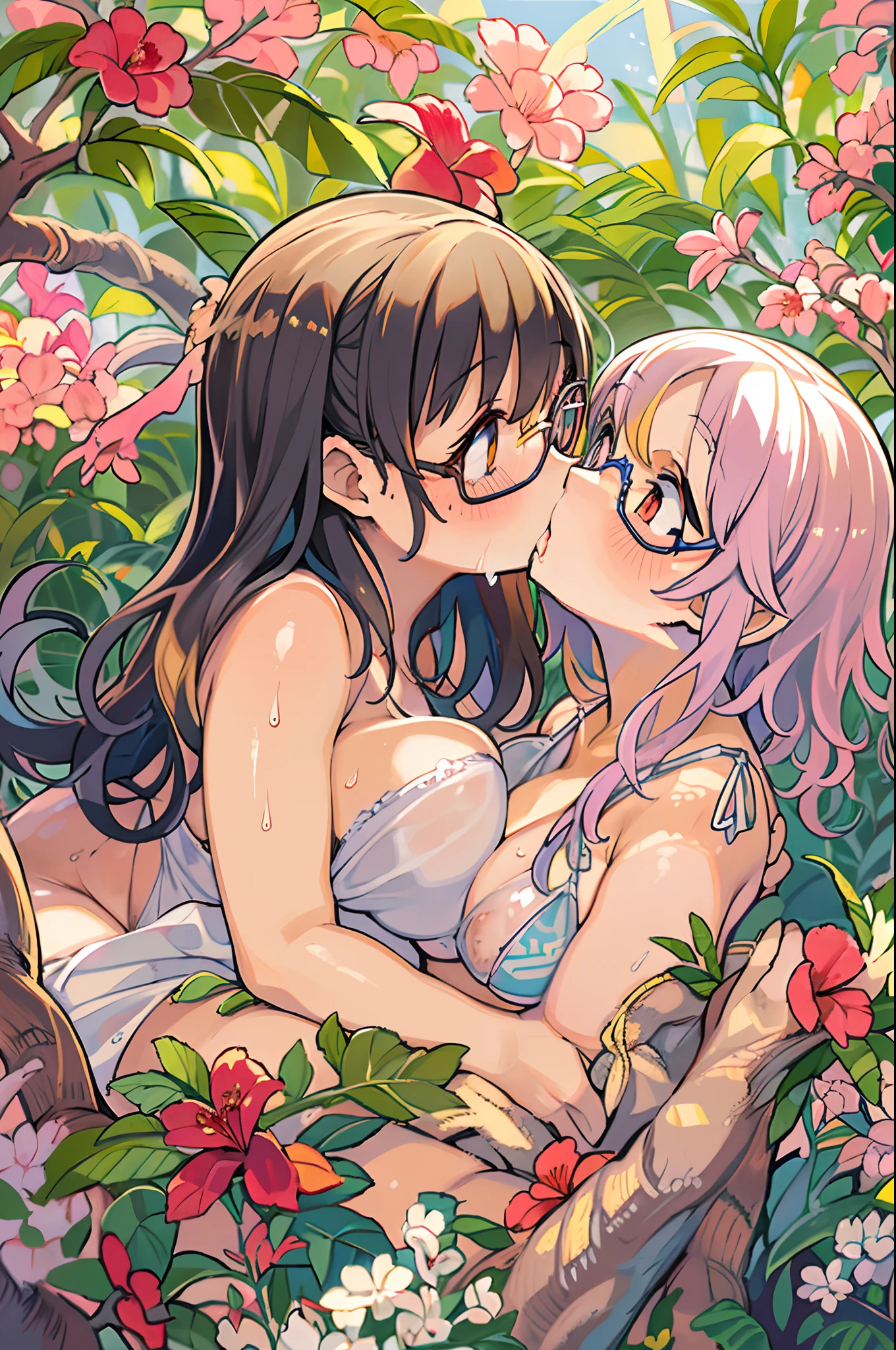 Two-dimensional girl、((Summer light))、Steppe on a summer day、((From the top))、The Sun Directly Above、huge-breasted、big round glasses、bbw,Large Thigh、Two girls、embracing each other、Deep kissing、the kiss、lesbian、red blush、Okinawa、hibiscus