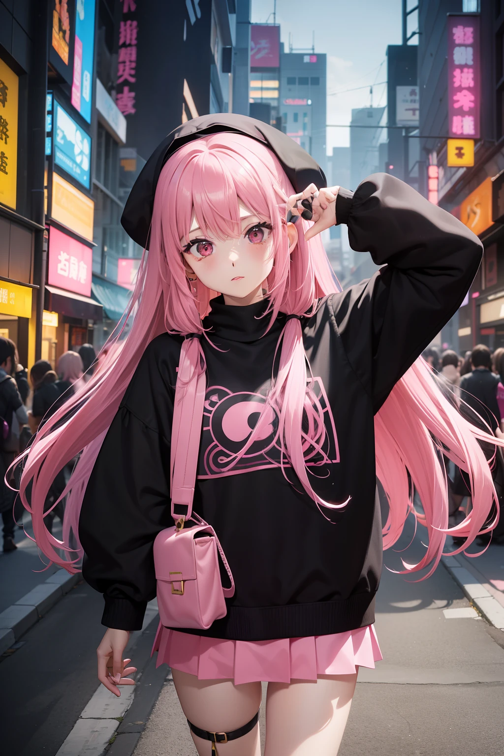 Bad girl、Black jumper、Pink mini skirt、Odango Hair、Pink hair、full body Esbian、masuter piece:1.2、top-quality)、(Live action、Intricate details)、(1lady、独奏、The upper part of the body、) garments: Edgy、Black jumper、Pink mini skirt、Avant-garde、Experimental appearance: Long pink hair、BEReaction: Runaway Ladies Leader、secretary-general、Black jumper、Pink mini skirt、 The location: bustling city、Create mixed media art、 values: individuality、authenticity、Creative Expression In