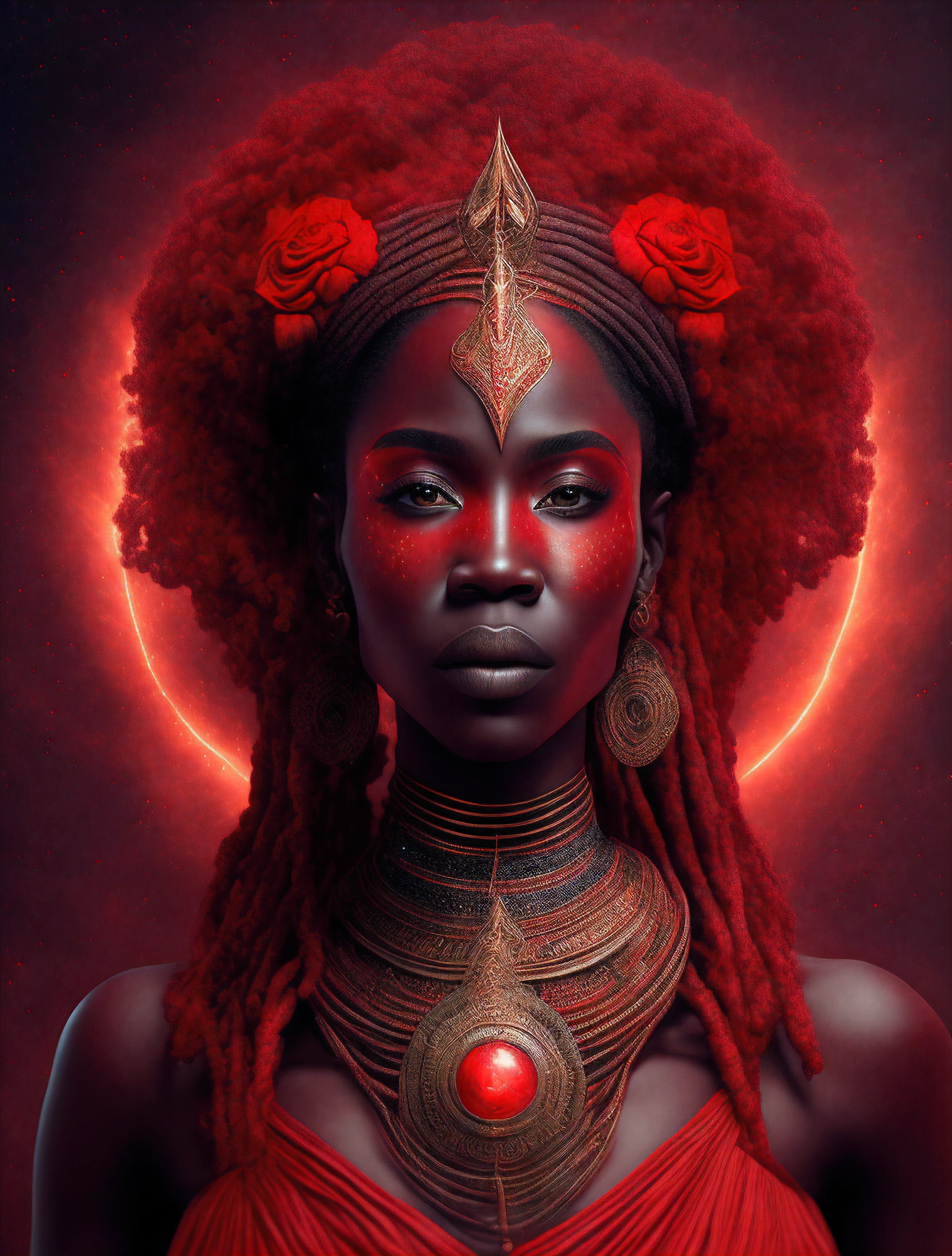 Iansã the African orisha wearing a detailed, red and intricate ade, goddess of thunder, piercing gaze, cosmic god, astrophotography