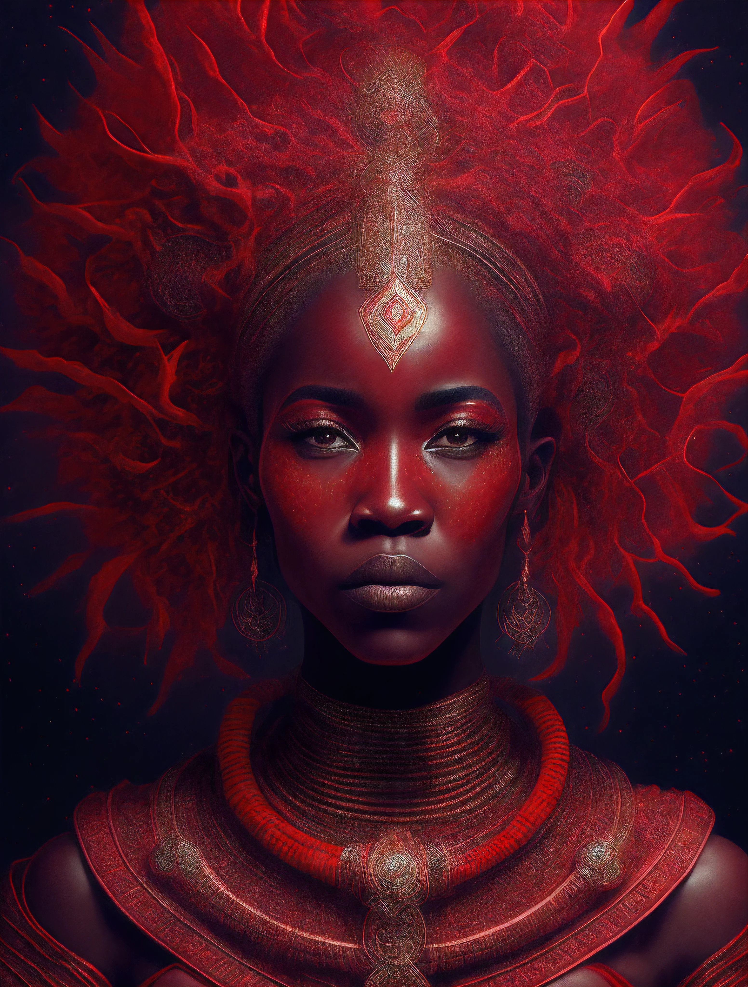 Iansã the African orisha wearing a detailed, red and intricate ade, goddess of thunder, piercing gaze, cosmic god, astrophotography