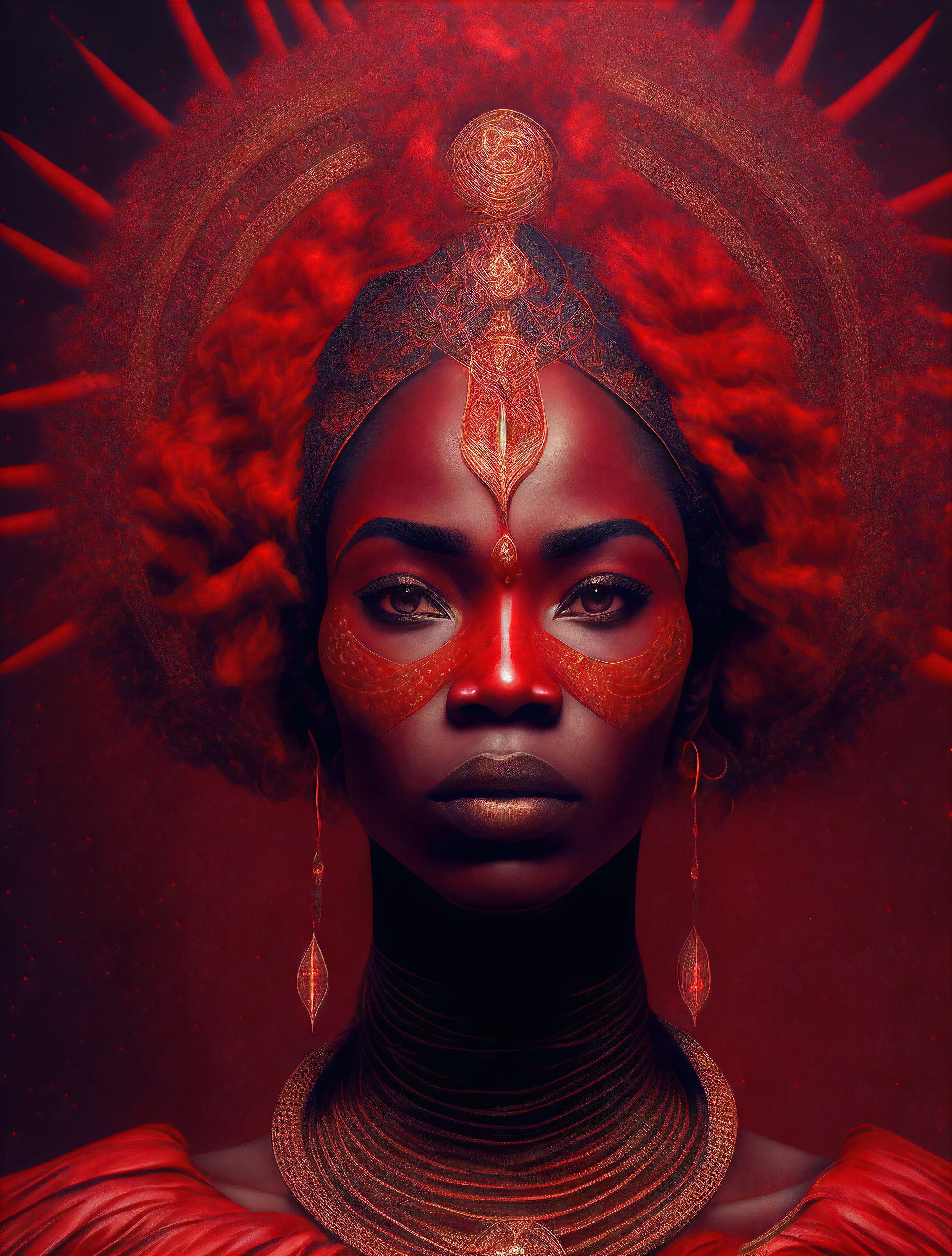 Iansã the African orisha wearing a detailed, red and intricate ade, goddess of thunder, piercing gaze, cosmic god, astrophotography