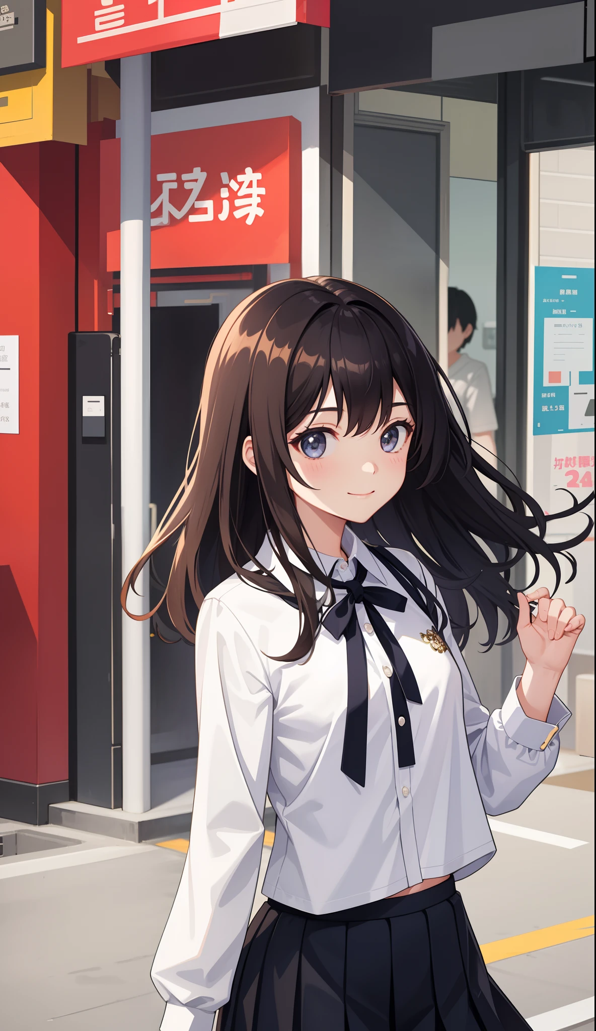 1girl in、AS-Adult、A smile、The shirt、skirt by the、（small tits）、Walking with a thigh、Upper body portrait、