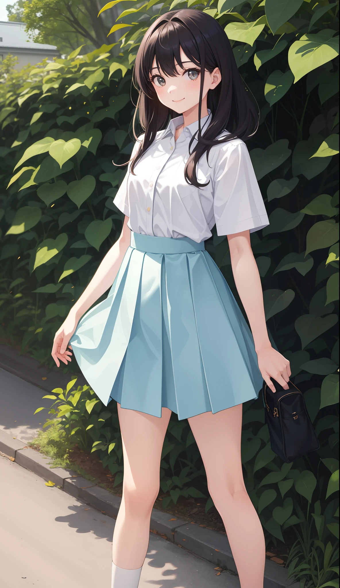 A woman in a short skirt and white shirt is walking down the street ...