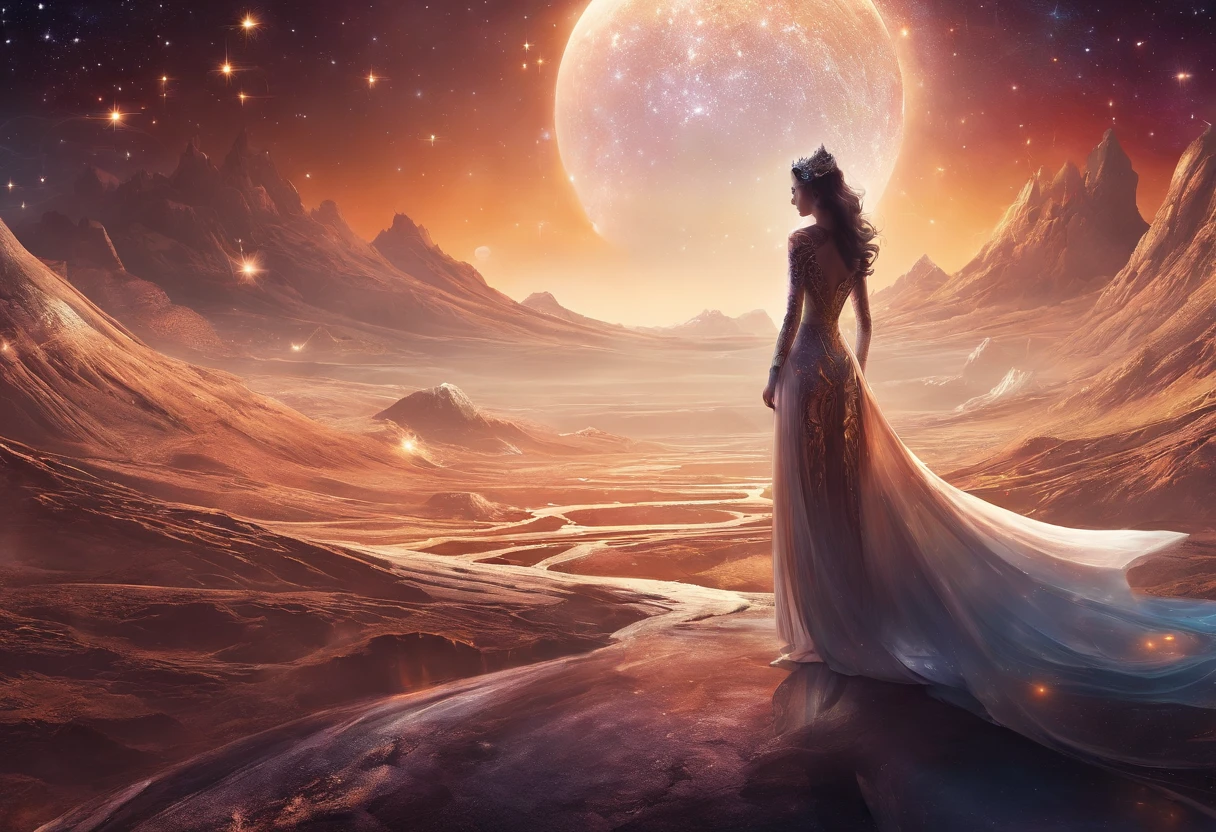 landscape, A queen in a dress made of a veil of starry night、Dragging her extraordinarily long hem、Crossing the Earth Below.  While she walks, Starry night falls on her path.　Starry Night Fantasy. Perfect beautiful face, Perfect hands, Fantasy Art, landscape,