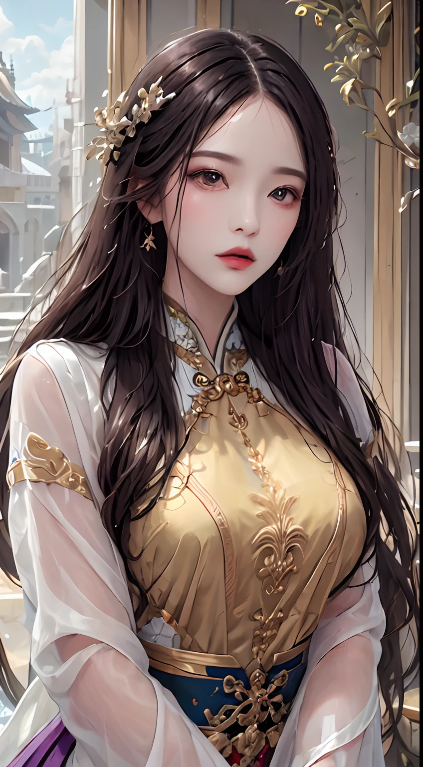 1 27-year-old girl, 1 zodiac goddess from the future, goddess of the pink and purple 12 zodiacs, the goddess of the zodiac in a yellow ao dai, a 12 zodiac ao dai with many black lace detail, mythology Goddess of the 12 zodiacs from the future, zodiac ♏, luxurious glittering zodiac style, dark and mysterious version, zodiac crown, lipstick lips red, thin and beautiful lips, mouth closed, characters made by karol bak and pino daeni, intricate detail, detailed background, extremely detailed, light magic, a woman, clear face, hair long with bangs, beautiful face in detail and well-proportioned eyes, (transparent yellow eyes: 1.8), big round eyes and very beautiful and detailed makeup, foresight, silk dress, mysterious makeup , double bangs and dyed light blonde , upper half portrait, zodiac goddess portrait, arms hanging loosely, Realistic and vivid photo, (stars make up the zodiac: 1.7), (sky background zodiac and fictitious space and time portal: 1.8), fiction art, RAW photo, hanfu picture, best photo, best photo quality, 8k quality, 8k ultra, super realistic, real photo most economical, the goddess poses sexy and seductive,