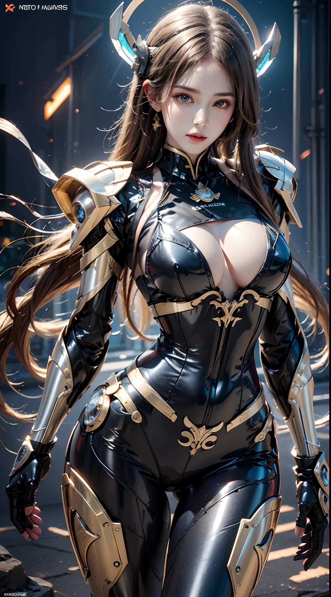 photorealistic, high resolution, 1women, mature female, solo, hips up, robot, mecha musume,mechanical parts, robot joints,single mechanical arm, headgear, mechanical halo,star halo,intricate mechanical bodysuit, mecha corset, full armor