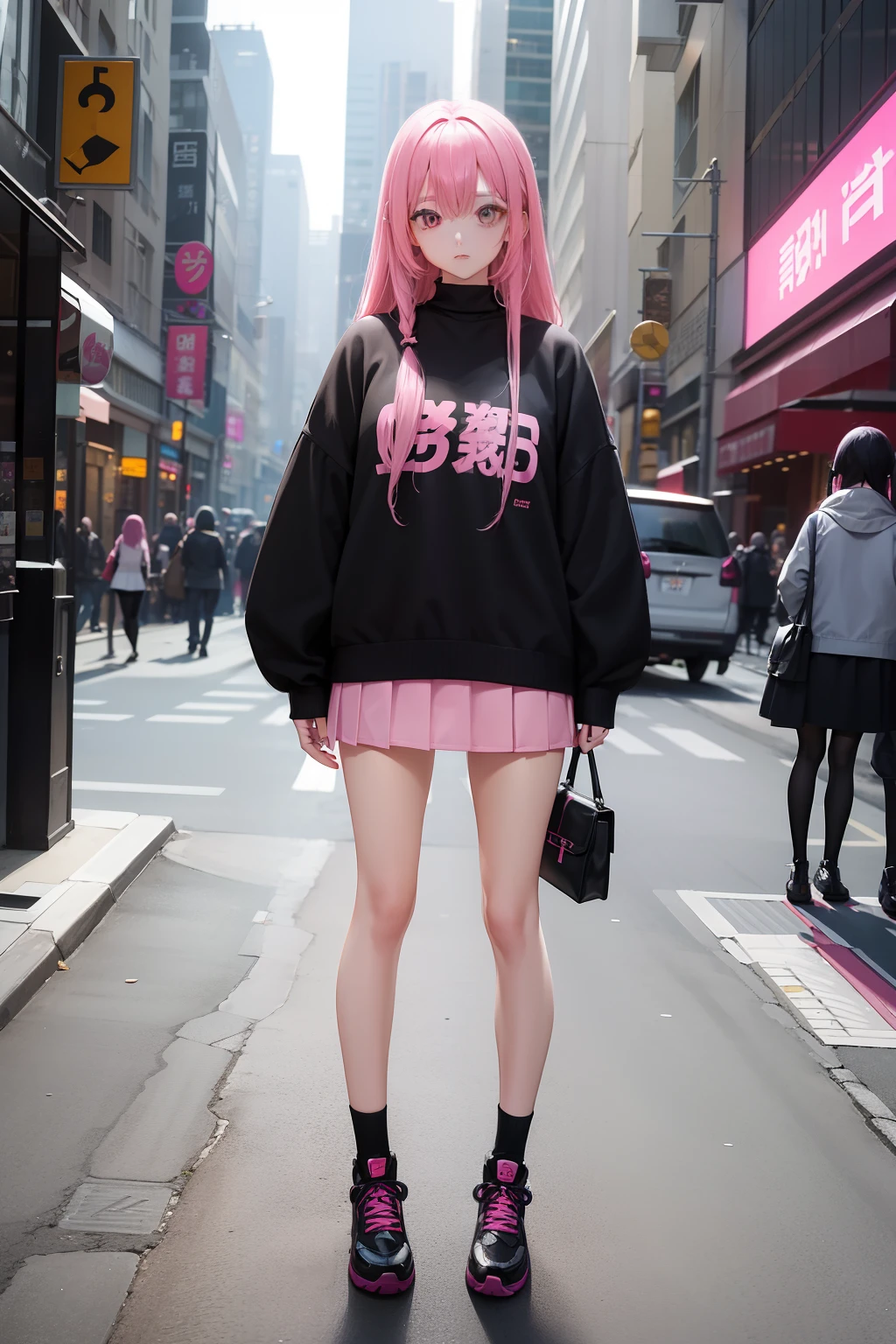 Bad girl、Black jumper、Pink mini skirt、Odango Hair、Pink hair、full body Esbian、masuter piece:1.2、top-quality)、(Live action、Intricate details)、(1lady、独奏、The upper part of the body、) garments: Edgy、Black jumper、Pink mini skirt、Avant-garde、Experimental appearance: Long pink hair、BEReaction: Runaway Ladies Leader、secretary-general、Black jumper、Pink mini skirt、 The location: bustling city、Create mixed media art、 values: individuality、authenticity、Creative Expression In