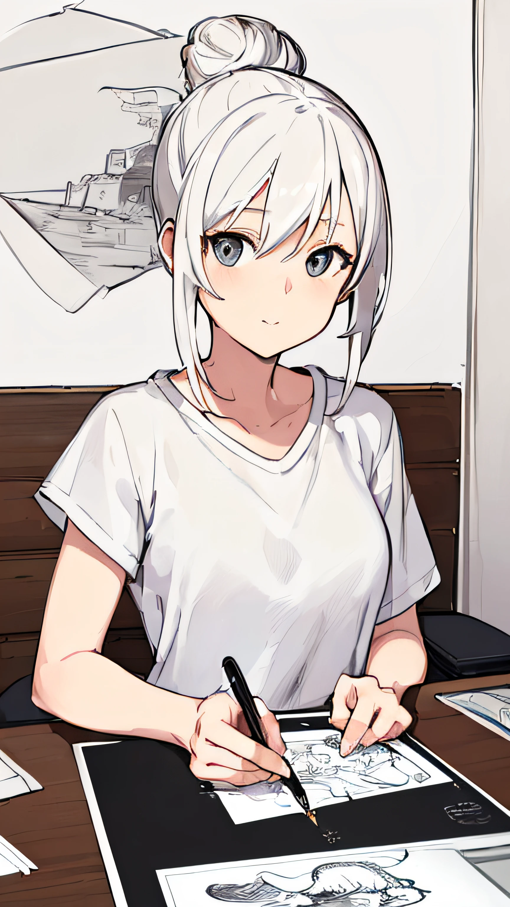 (((masterpiece))),(((bestquality))),((ultra-detailed)),(illustration),((anextremelydelicateandbeautiful)),1girl, sketching, hair in a messy bun, plain white oversized tee, doing work, looking at viewer, soft smile, Sitting at a desk with Apple Pencil in hand drawing on a tablet
