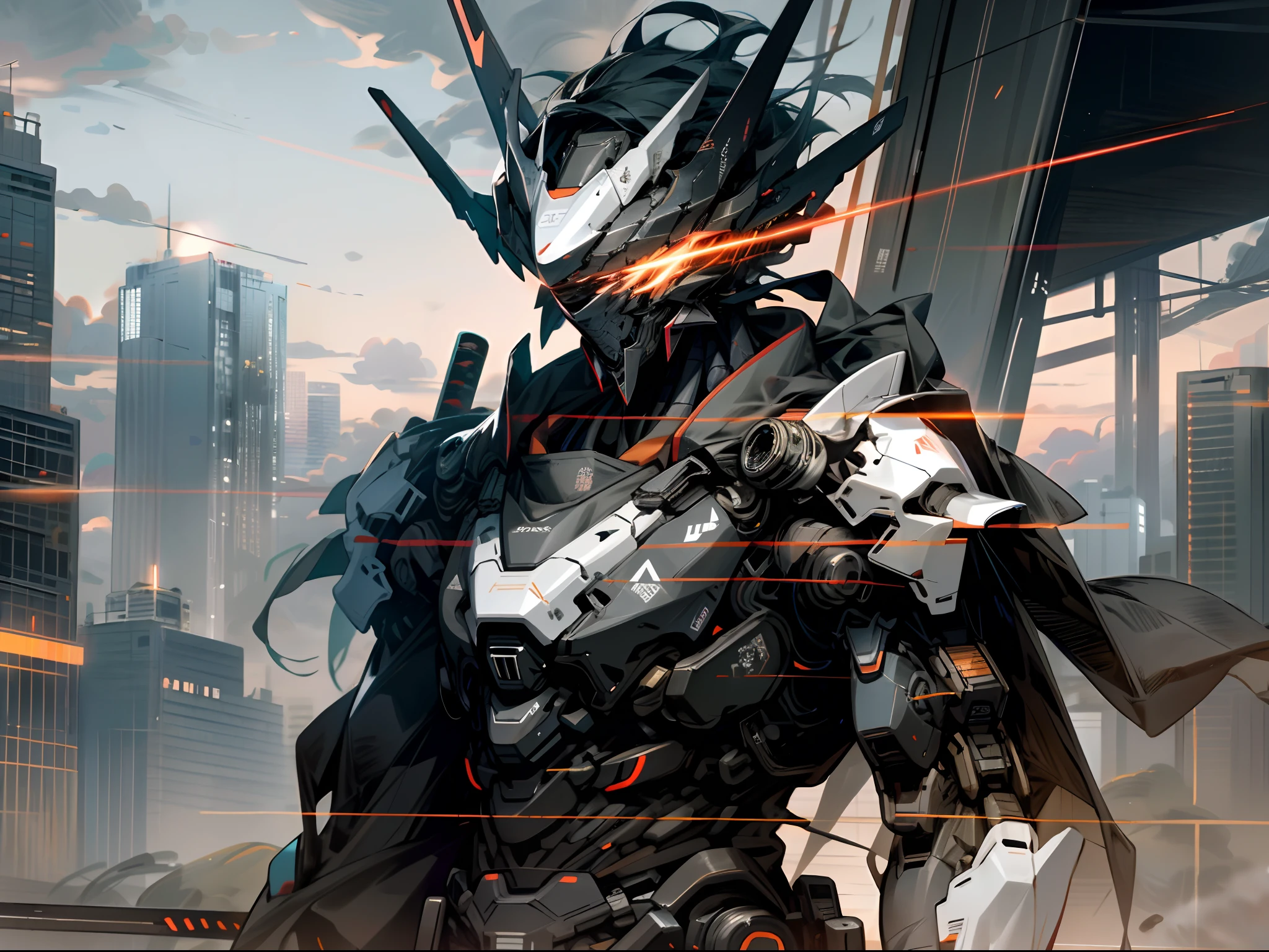 Skyscraper night sky, Cloud, Holding_arma, No_Humanity, Glow, Ninja robot, architecture, Science fiction, urban, Reality Upper body straight forward Glowing body Glowing red eyes holding a sword(Tachi weapons) a broad shouldered --v6