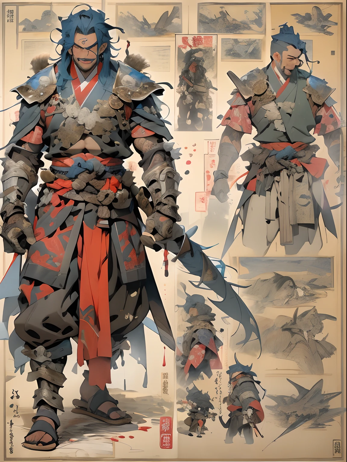 (((mtu))), (((best qualityer))), (((tmasterpiece))), (((AS-Adult))), ((( Japanese ))), Look up from your knees, Handsome Asian samurai,perfect body figure, Modern samurai, ((( Asian))), Wear gloves on your hands,The left arm is made of steel and metal tips,Made of protective devices, The eyes are pulled, (( Appears below the chest )), (( Small dental floss )), Simon Bisley, Almost naked(Simon Bisley)Castle City Wilderness,For high-resolution posters, hair straight, Minimum clothing, armure (Crazy clothes ), Full of tips and rivets, tribal tattoos, (((full bodyesbian))), Straight brunette hair,Colored hair ends