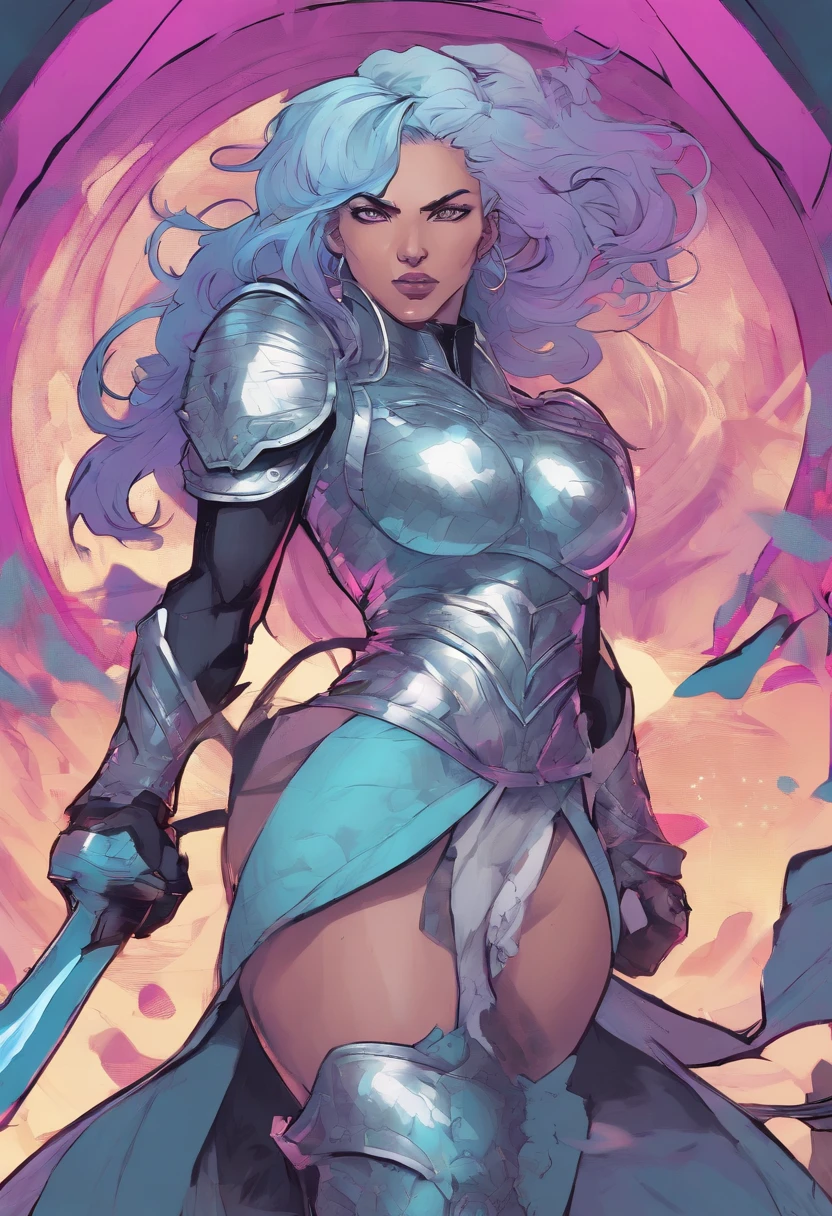 tall woman with light blue skin, with a beautiful face, black eyes, long and wavy purple hair, with silver armor, a round silver shield in her right hand and a giant silver ax in her left hand.