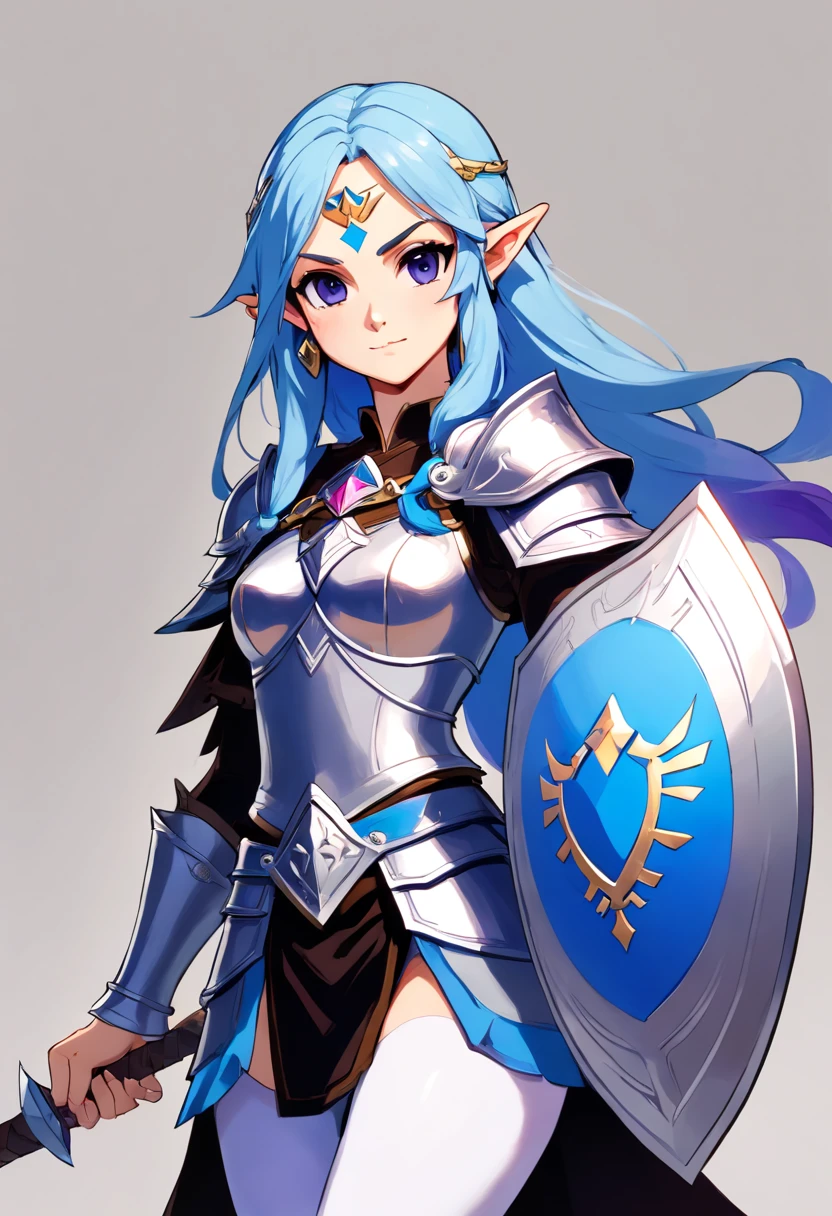tall woman with light blue skin, with a beautiful face, black eyes, long and wavy purple hair, with silver armor, a round silver shield in her right hand and a giant silver ax in her left hand.