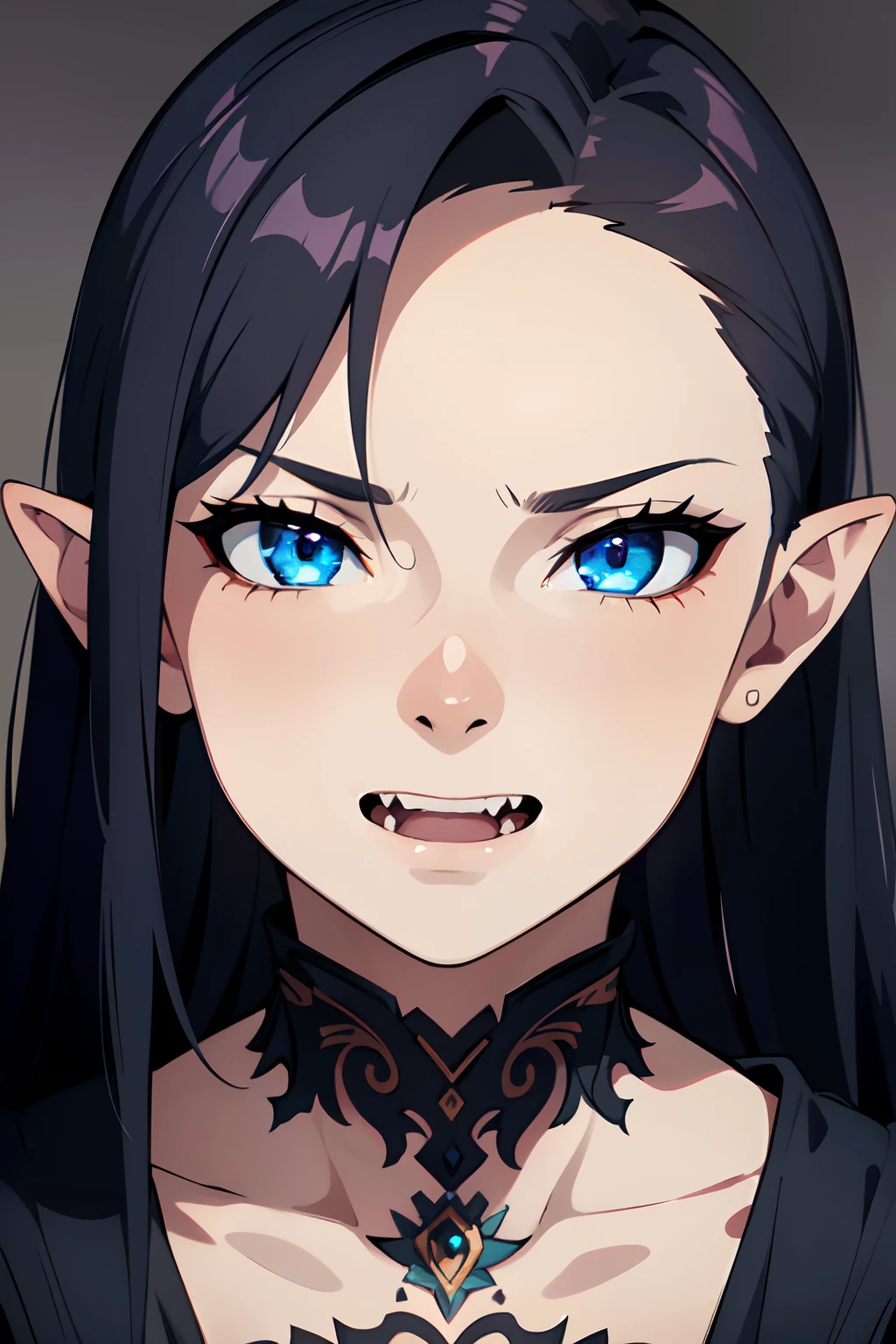 (female orc), submissive, small-chested, portrait, cute fangs, detailed facial features, alluring expression, mesmerizing eyes, delicate skin texture, vibrant colors, masterpiece:1.2, highres, ultra-detailed, realistic:1.37, studio lighting, 8k resolution, best quality
