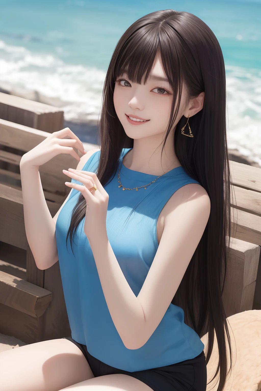 FULL BODYSHOT、an oil painting、​masterpiece、top-quality、hight resolution、Dark hair、Super long hair、Bangs are aligned、Cheerful woman、kindly smile、Blue shirt、sleeveless clothes、Black shorts、Sweaty skin、shores、The seaside looks fun、blue-sky、lightly dressed、Ring on the ring finger of the left hand