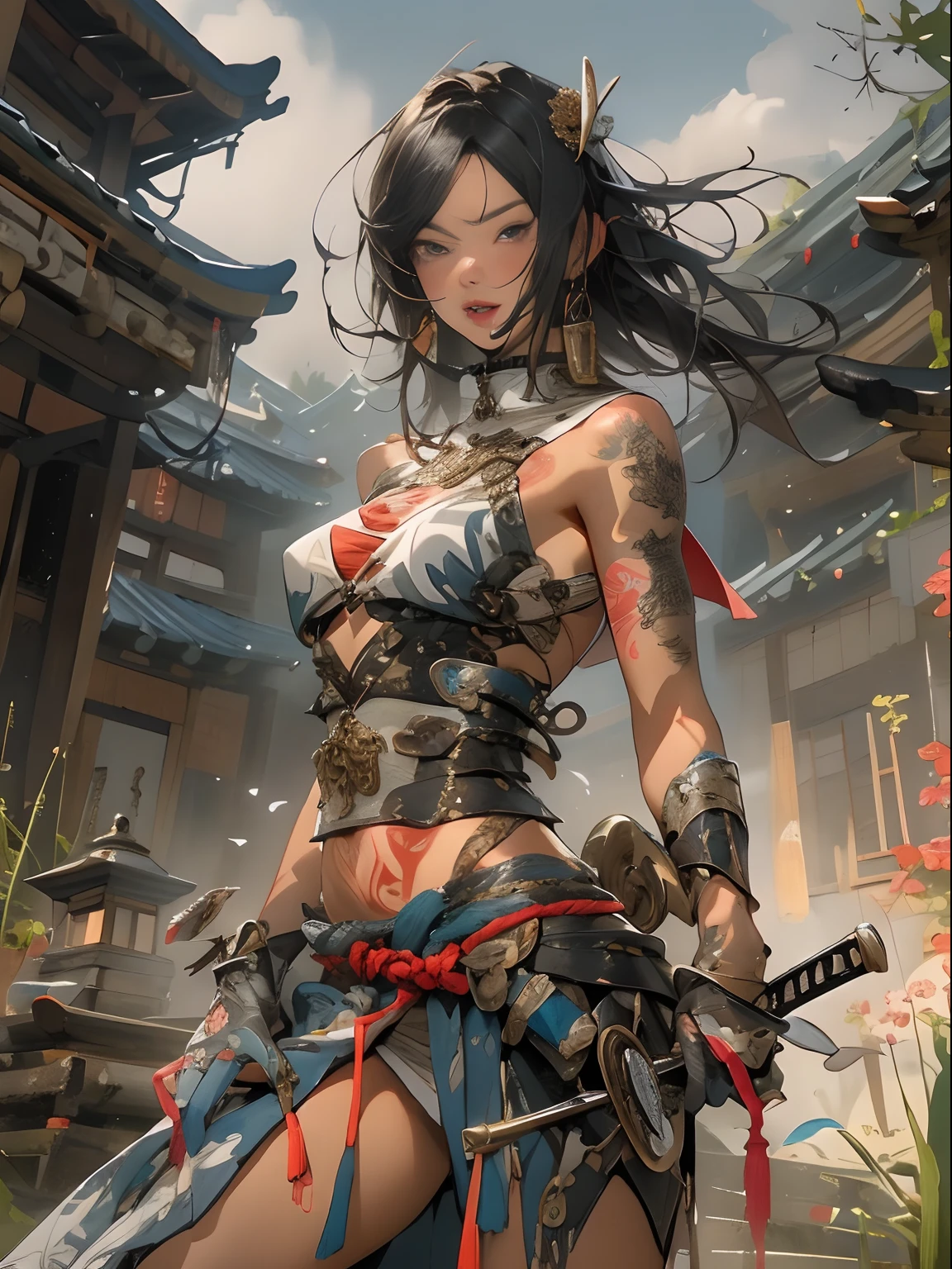 (((woman))), (((best qualityer))), (((tmasterpiece))), (((AS-Adult))), ((( Japanese ))), Look up from your knees, A beautiful asian samurai woman with perfect body, Modern samurai, ((( Asian))), Wear gloves on your hands,The left arm is made of steel and metal tips,Made of protective devices, The eyes are pulled, (( Appears below the breast )), (( Small dental floss )), Simon Bisley, Almost naked(Simon Bisley)Castle City Wilderness,For high-resolution posters, hair straight, Minimum clothing, armure (Crazy clothes ), Full of tips and rivets, tribal tattoos, (((full bodyesbian))), Straight brunette hair,Colored hair ends
