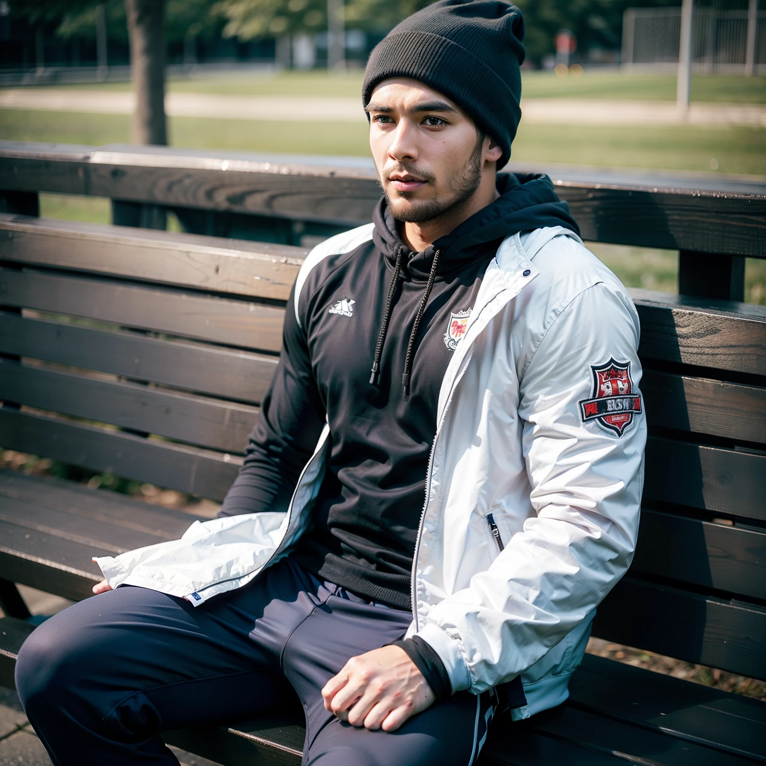 A football player sitting on a cold bench
