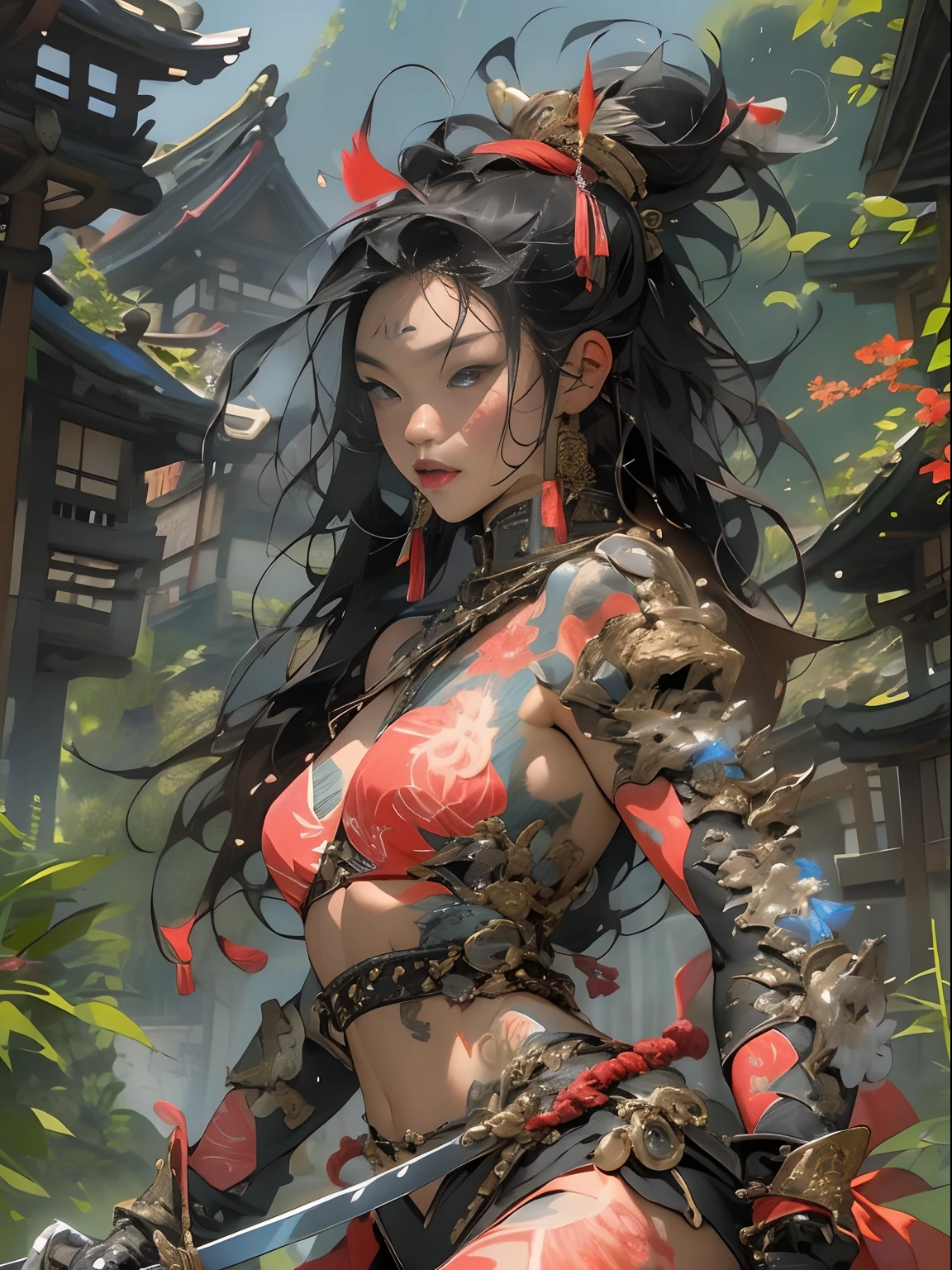 (((woman))), (((best qualityer))), (((tmasterpiece))), (((AS-Adult))), ((( Japanese ))), Look up from your knees, A beautiful asian samurai woman with perfect body, Modern samurai, ((( Asian))), Wear gloves on your hands,The left arm is made of steel and metal tips,Made of protective devices, The eyes are pulled, (( Appears below the breast )), (( Small dental floss )), Simon Bisley, Almost naked(Simon Bisley)Castle City Wilderness,For high-resolution posters, hair straight, Minimum clothing, armure (Crazy clothes ), Full of tips and rivets, tribal tattoos, (((full bodyesbian))), Straight brunette hair,Colored hair ends