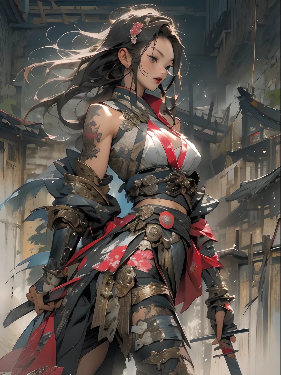 (((woman))), (((best qualityer))), (((tmasterpiece))), (((AS-Adult))), ((( Japanese ))), Look up from your knees, A beautiful asian samurai woman with perfect body, Modern samurai, ((( Asian))), Wear gloves on your hands,The left arm is made of steel and metal tips,Made of protective devices, The eyes are pulled, (( Appears below the breast )), (( Small dental floss )), Simon Bisley, Almost naked(Simon Bisley)Castle City Wilderness,For high-resolution posters, hair straight, Minimum clothing, armure (Crazy clothes ), Full of tips and rivets, tribal tattoos, (((full bodyesbian))), Straight brunette hair,Colored hair ends