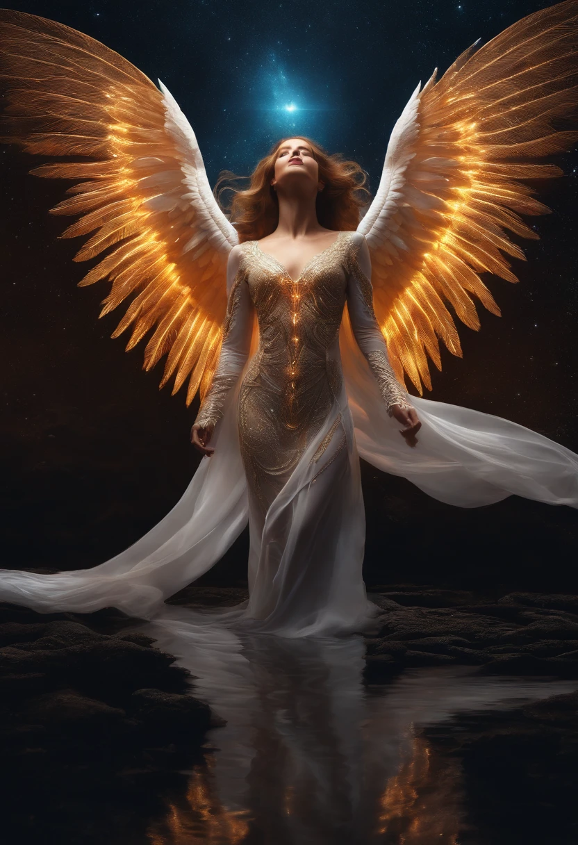 cosmic fallen angel, olhos claros brilhantes, Biomechanicals, estranho, assustador, Pesadelo, cores muito brilhantes, light particles, com luz brilhante, Mshiff, Arte do papel de parede, Papel de parede UHD
