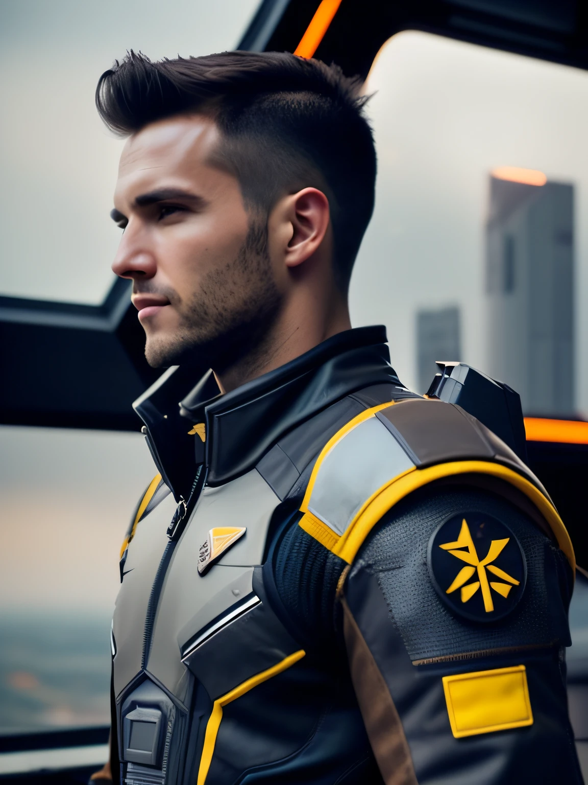 fking_scifi, award-winning photo of a man, black flight suit with yellow accents, brown hair, (gray eyes:1.35), square jawline, asymmetric face, standing in front of a window on a space ship, 80mm, bokeh, mass effect, close up, fking_cinema_v2