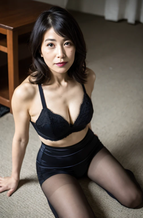 ((Best Quality, 8k, Masterpiece, Portrait: 1.3)), (from below, looking at viewer), (cowboy shot:1), Photorealistic, Sharp Focus, Solo, Japan Milf, Beauty, Catsuit with Cleavage View, 30 Years Old, Wavy Hair, Wrinkles at the Corners of the Eyes, Showing Armpits, Sexy,Mature Woman,Emphasized,((Huge:1.4))),lewd,Erotic, gorgeous bra, (loose waist:0.5),, darkness messy floors,(open mouth:0.7), (_female),