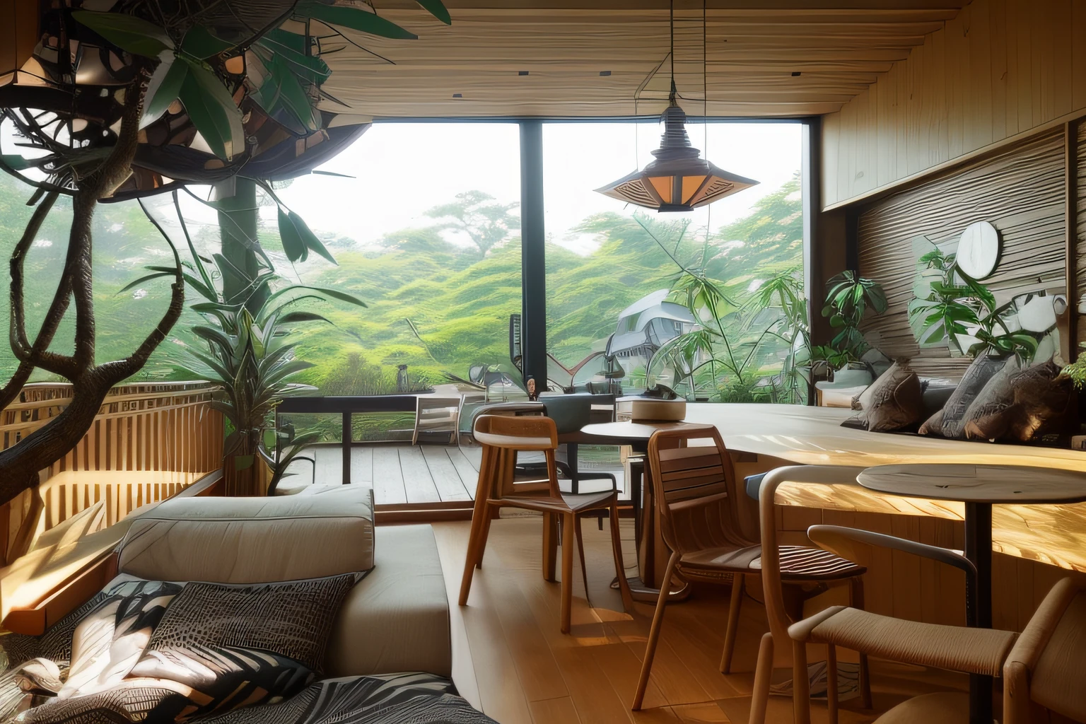exterior design、Crazy detailed wide-angle building photos、cozy contemporary living room、(Bright warm sunshine 1:0.1)、award-winning contemporary interior design、Landscapes、DL、a chair、in a house、wooden floor、window、dining room、east asian east asian architecture、Sliding paper doors、lamp lights、buliding、the woods、naturey、Cups、A plant、Interior design、Insert lights and shadows、depth of fields、low illuminance