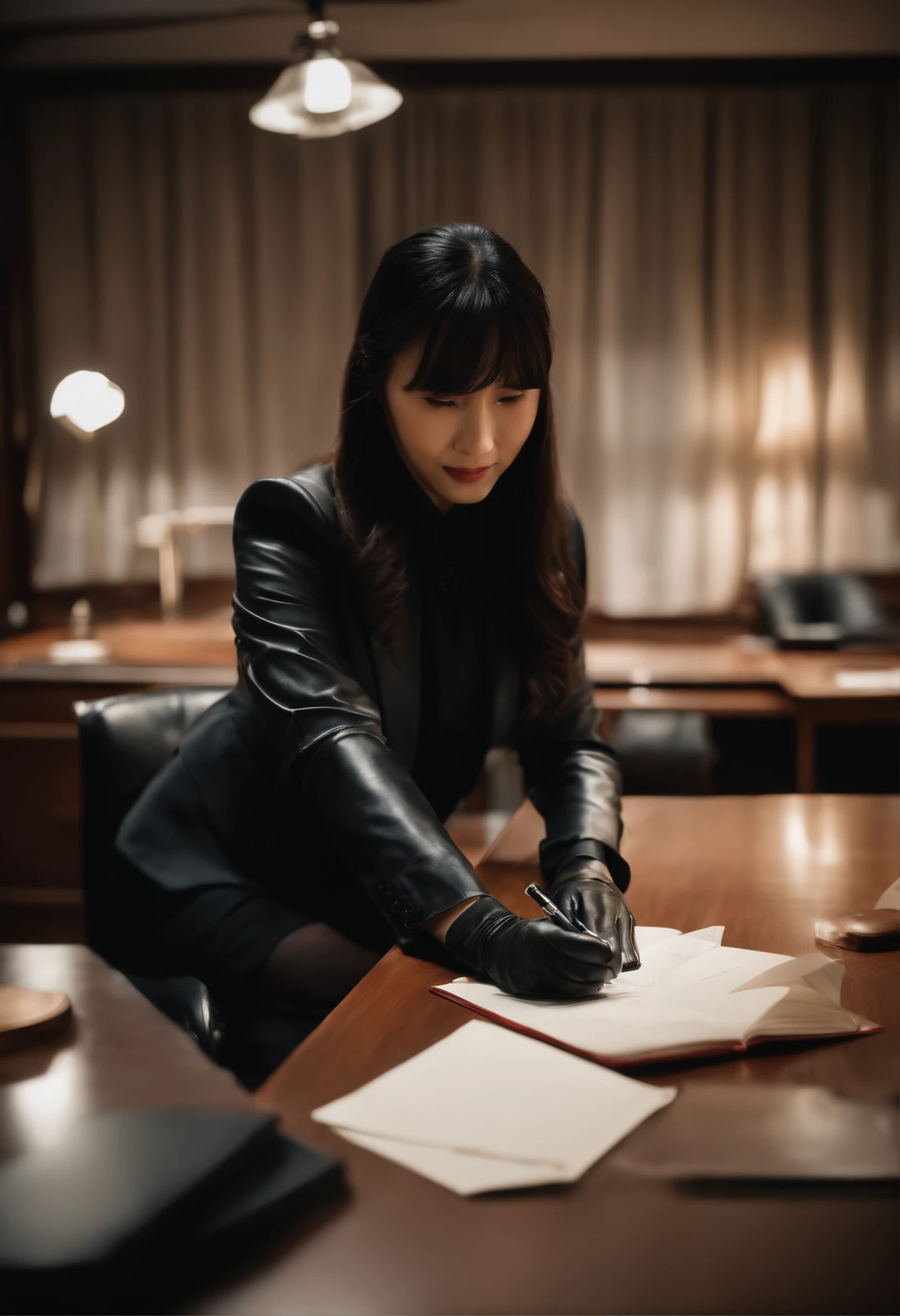 Wearing black leather gloves on both hands The upper part of the body Black Business Suit Towards the desk in the study in the dark、Look down and smile、Write a letter with a fountain pen long straight black hair Young japanese lady(Black leather gloves cover both hands)