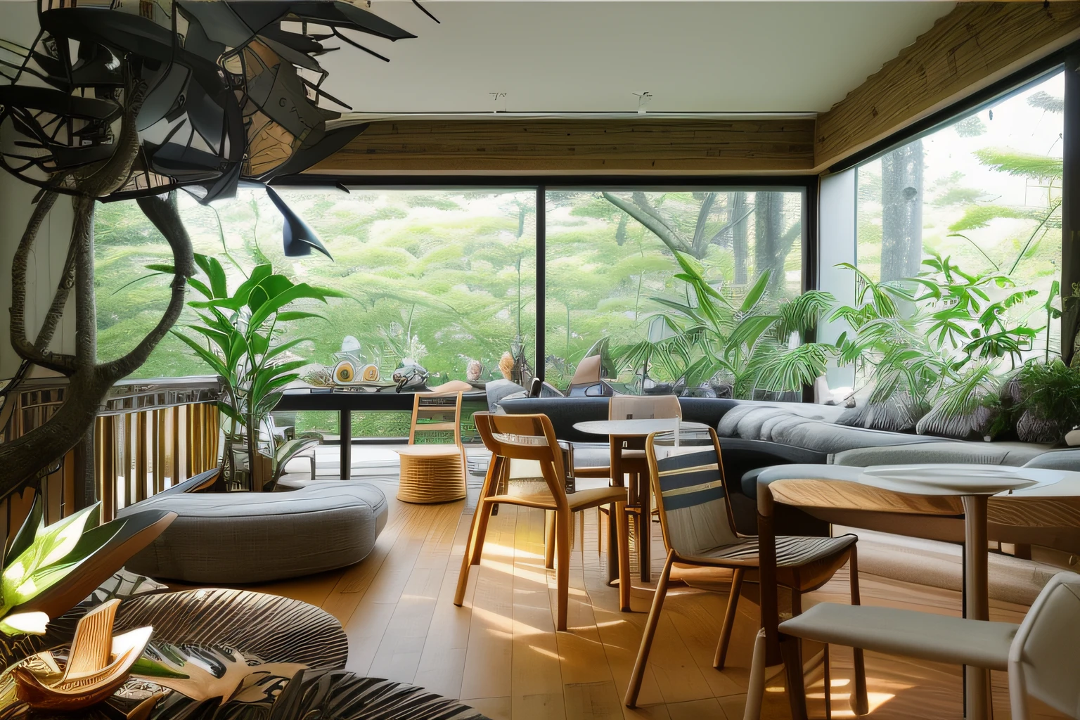 exterior design、Crazy detailed wide-angle building photos、cozy contemporary living room、(Bright warm sunshine 1:0.1)、award-winning contemporary interior design、Landscapes、DL、a chair、in a house、wooden floor、window、dining room、east asian east asian architecture、Sliding paper doors、lamp lights、buliding、the woods、naturey、Cups、A plant、Interior design、Insert lights and shadows、depth of fields、low illuminance