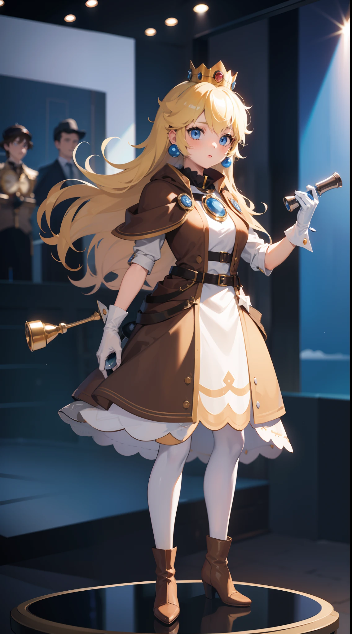 1girl, solo, Princess peach, Blonde hair, blue eyes, detective outfit, brown capelet, Brown business dress, white gloves, brown deerstalker, White tights, brown boots, Blue earrings, holding a magnifying glass, masterpiece, best quality, standing on a stage with a museum background.