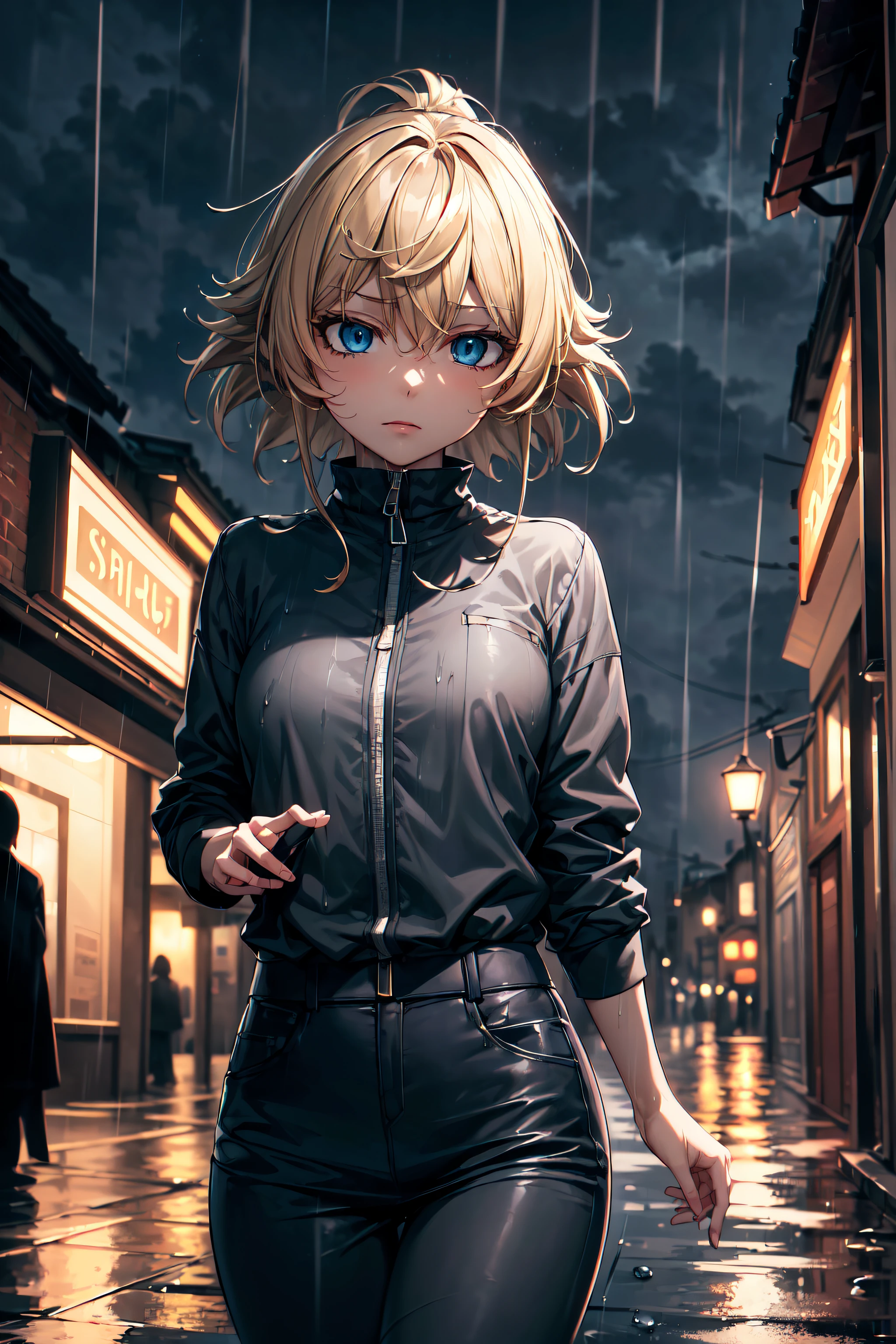 tanya, (masterpiece, best quality:1.2), rain in the night city, melancholic atmosphere, vibrant colours, cinematic lighting, ultra detailed art, add_detail:2