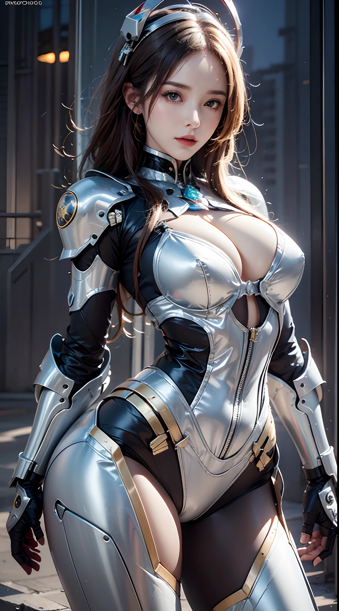 photorealistic, high resolution, 1women, mature female, solo, hips up, robot, mecha musume,mechanical parts, robot joints,single mechanical arm, headgear, mechanical halo,star halo,intricate mechanical bodysuit, mecha corset, full armor, white mecha body
