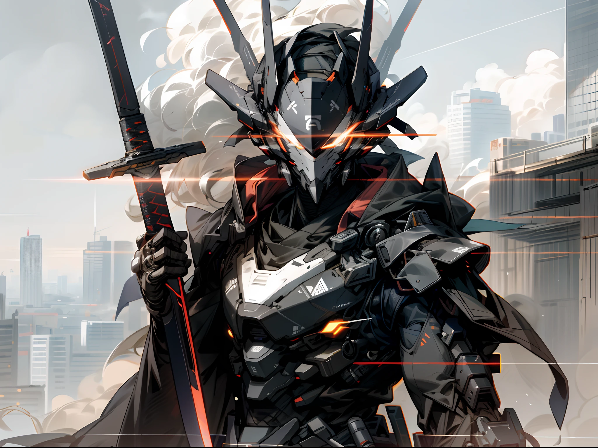 Skyscraper night sky, Cloud, Holding_arma, No_Humanity, Glow, Ninja robot, architecture, Science fiction, urban, Reality Upper body straight forward Glowing body Glowing red eyes holding a sword(Tachi weapons) a broad shouldered --v6