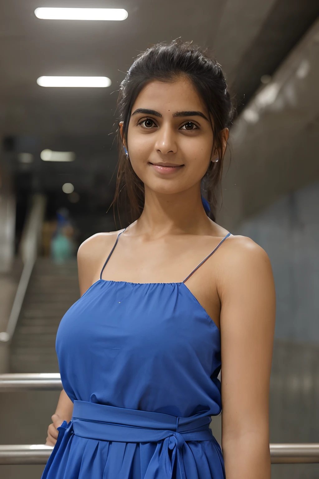 a perfect well-lit (closeup:1.15) (medium shot portrait:0.6) photograph of a beautiful woman standing on the stairs of a subway, big breast, wearing an indian blue salwar outfit, looking at me, coy slight smile