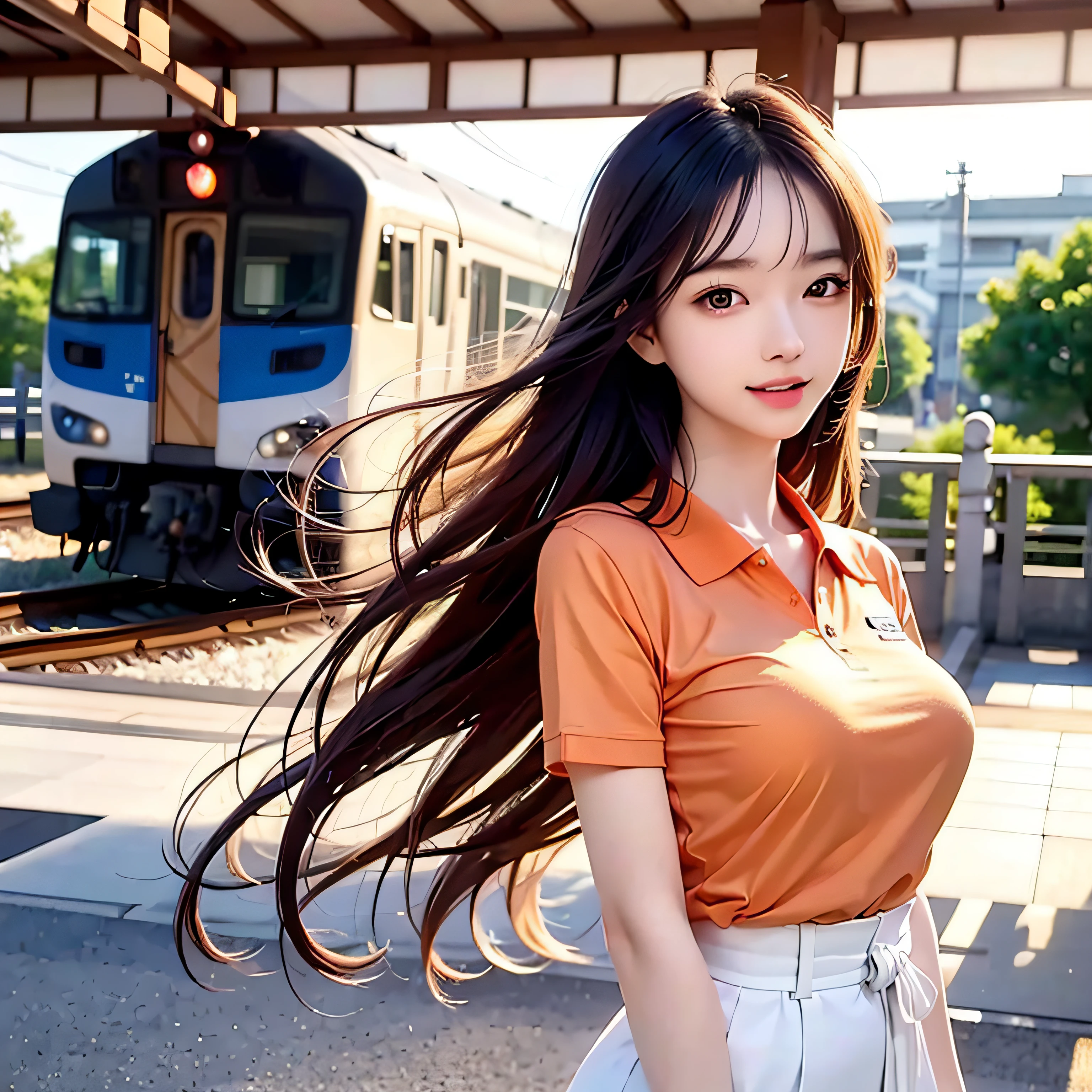 Realistic photos of 8k images (1 cute Japan woman) flipped hair, Slim body、Angel smile、Thin makeup, medium breasts size, Orange Polo Shirt, At the train station, Canon EOS clear facial features, 16 K, High resolution, sharp and realistic details,  Overexposure, cut-in, nffsw, hight resolution, Best Quality