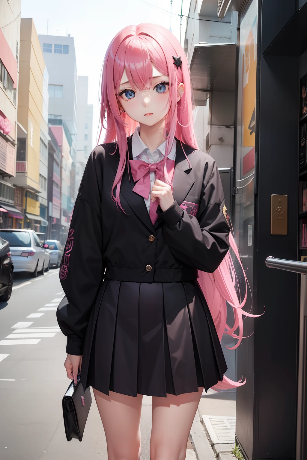 Bad girl、Black jumper、Pink mini skirt、Odango Hair、Pink hair、full body Esbian、masuter piece:1.2、top-quality)、(Live action、Intricate details)、(1lady、独奏、The upper part of the body、) garments: Edgy、Dark blue blazer、Pink mini skirt、High School Uniform、Avant-garde、Experimental appearance: Long pink hair、 The location: schools、Create mixed media art、 values: individuality、authenticity、creative expression