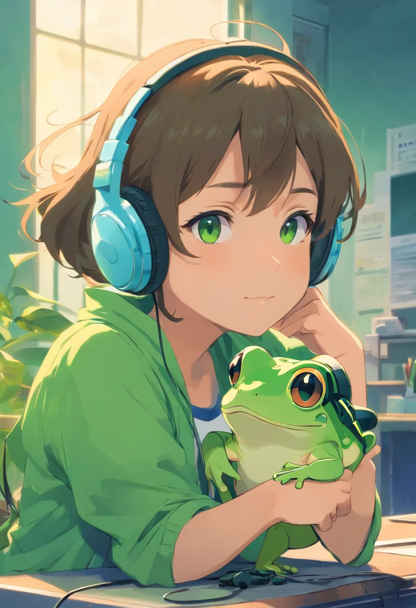 A masterpiece green frog with headphones, fatness