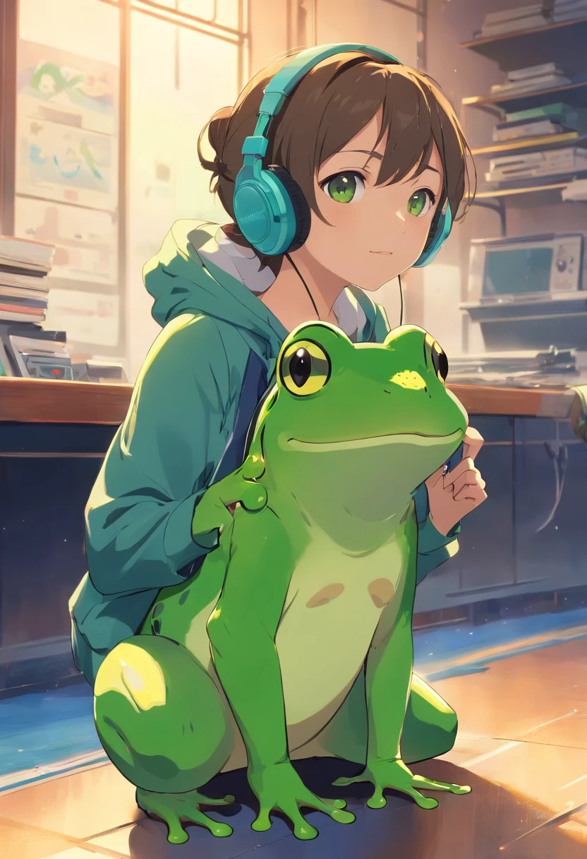 A masterpiece green frog with headphones, fatness