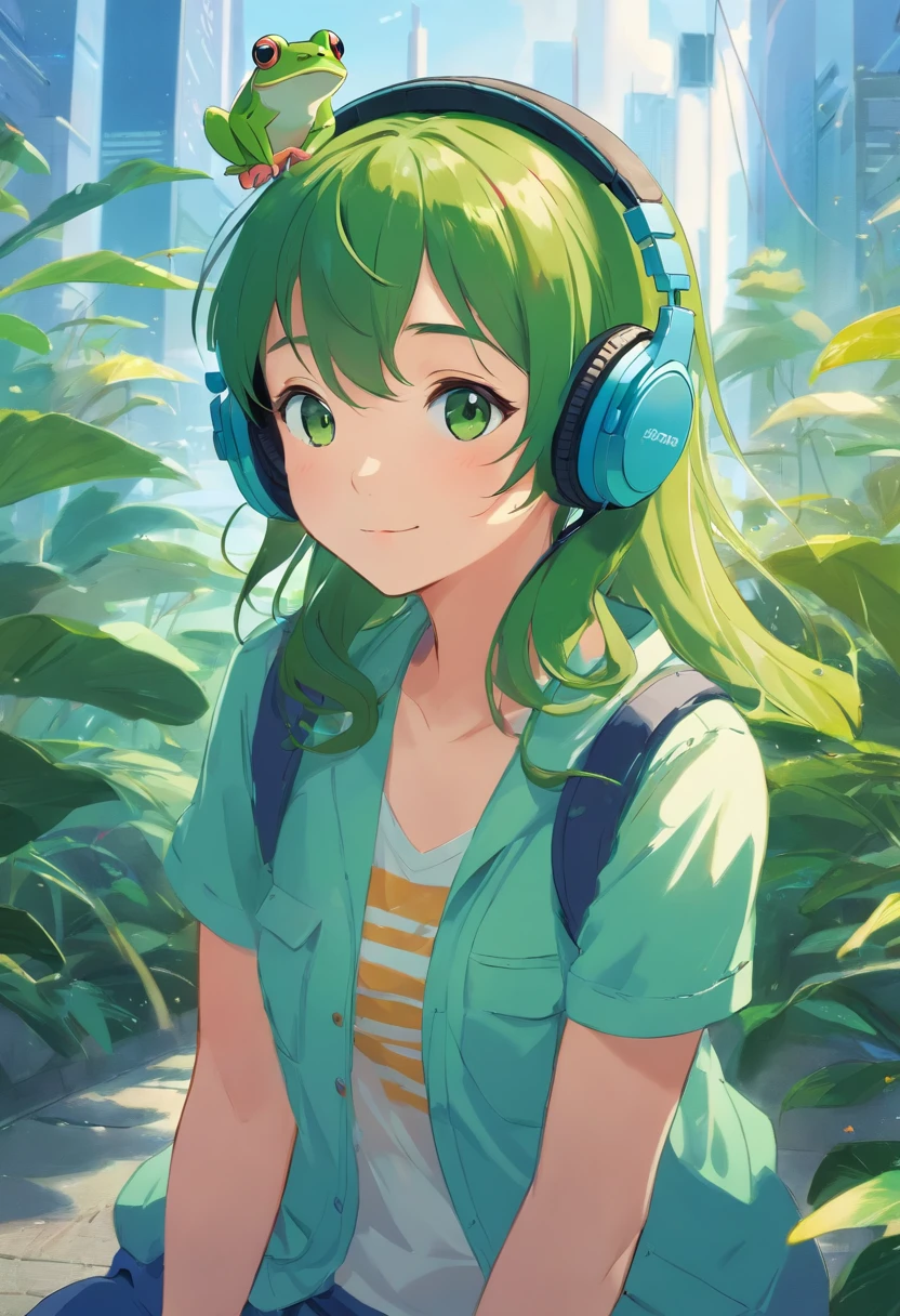 A masterpiece green frog with headphones, fatness