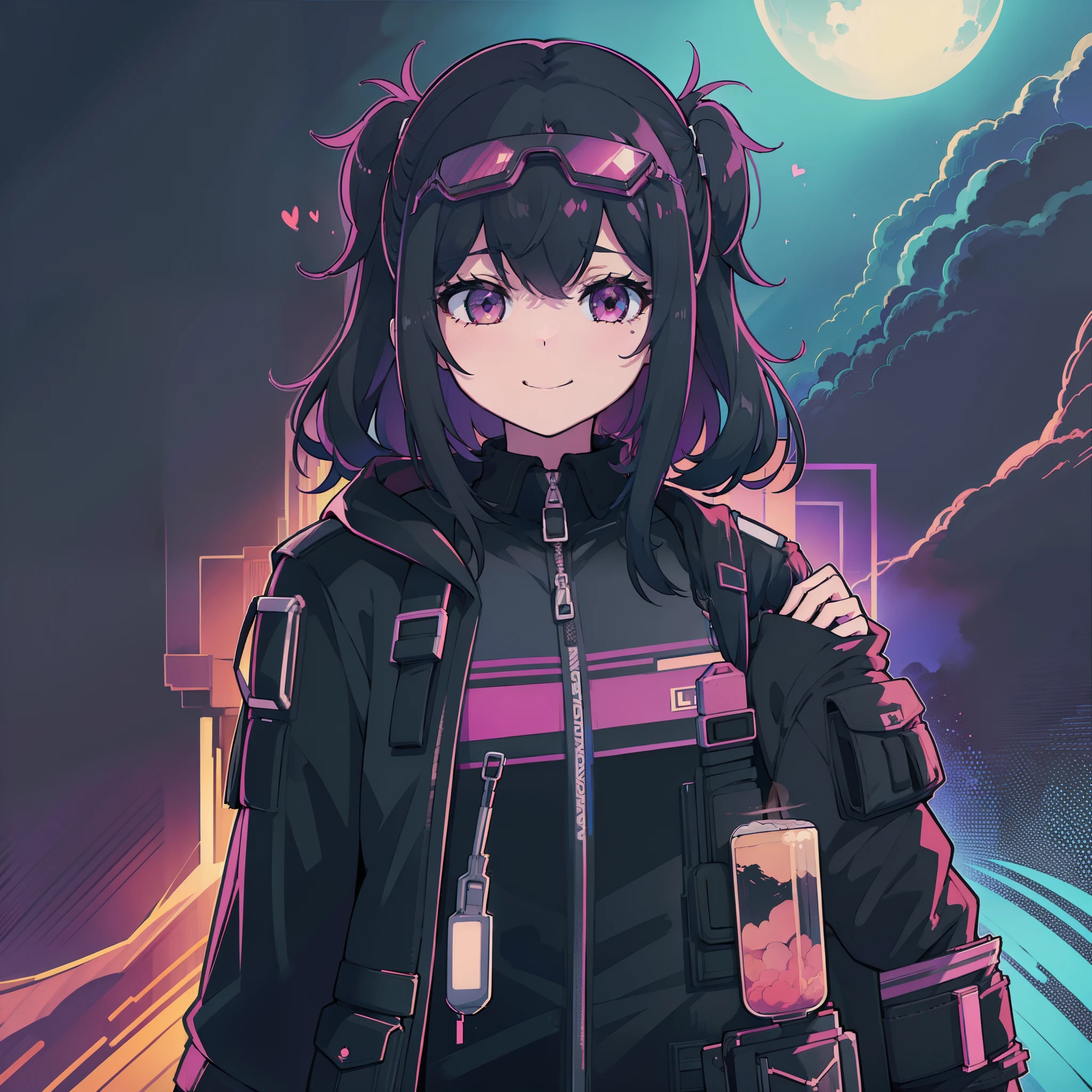 1girl, black open jacket, black tshirt, white thick skirt, waist pouches, shouler jacket, black neck collar, purple eyes, black long messy hair, long messy hair, black shoulder bag with pouches, shoulder bag, black sandals, black visor, black goggles, front goggles, black gloves, city, retro, leaning, convenience store, waist gun, black sport gloves, outside, bright, sun, smile, retrowave, synthwave